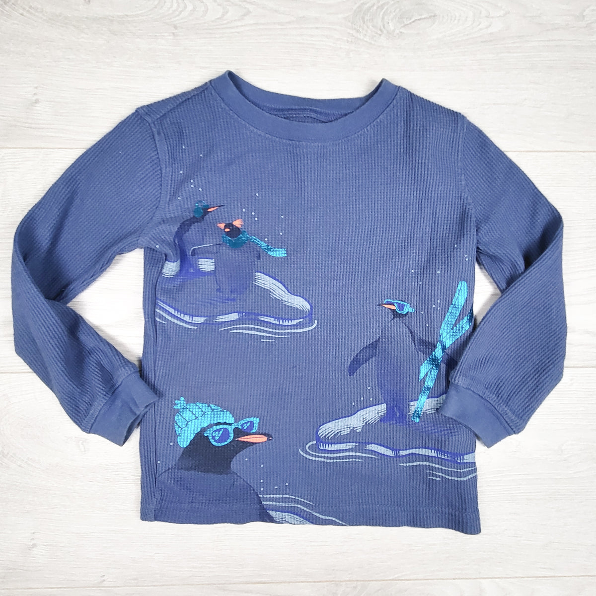 Carters blue waffle knit top with penguins. Size 3T