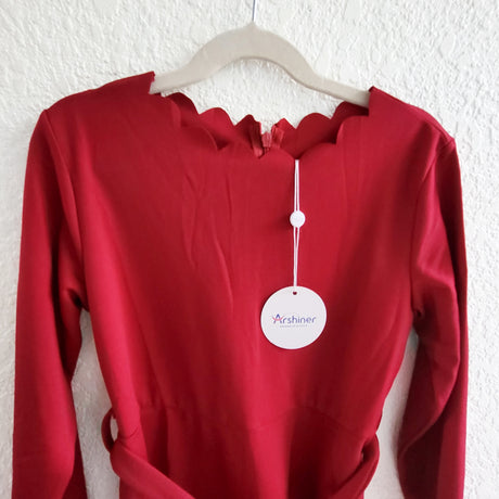 NEW - Arshriner red belted dress with scalloped neckline. Size 10/12
