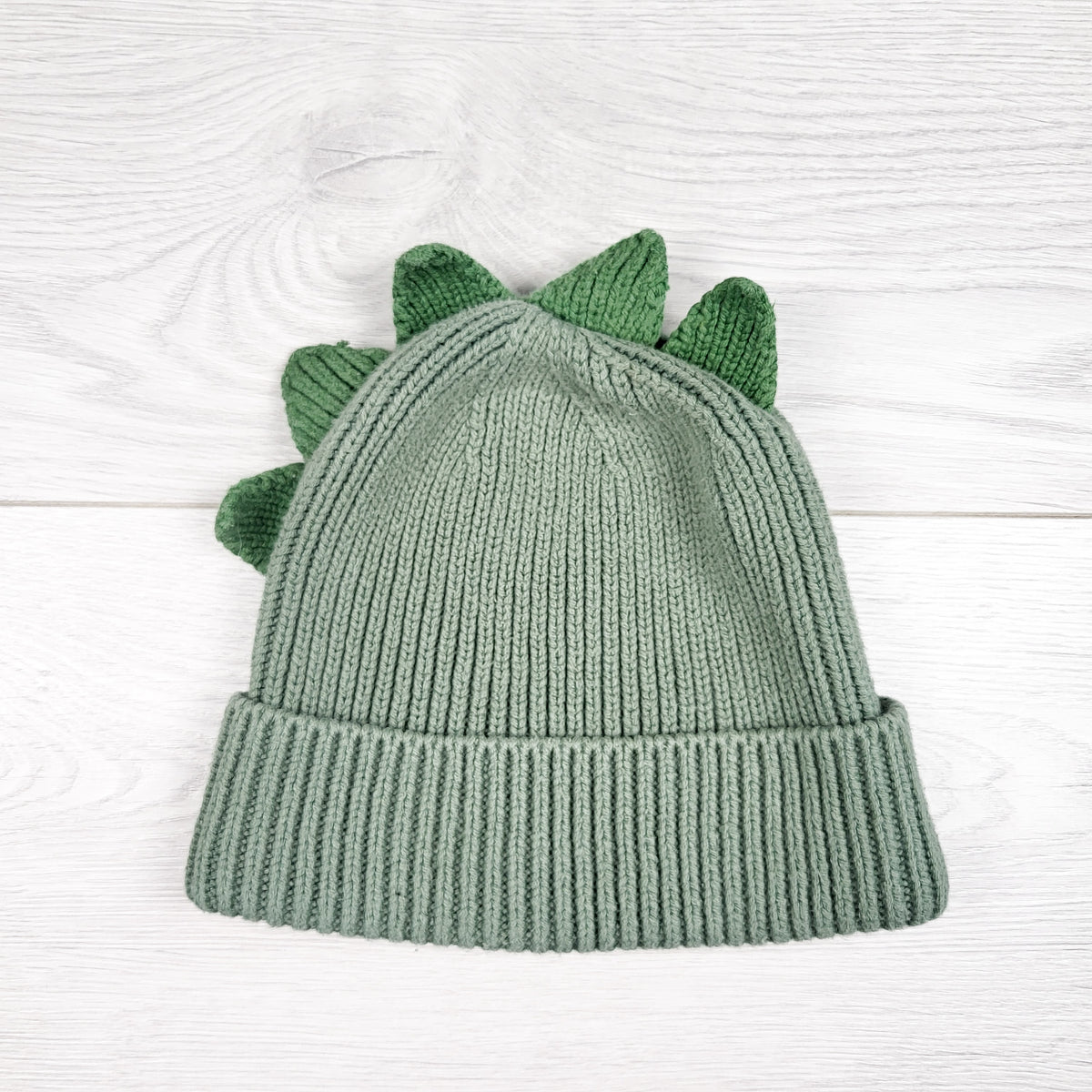 Green toddler sized dinosaur scale toque.