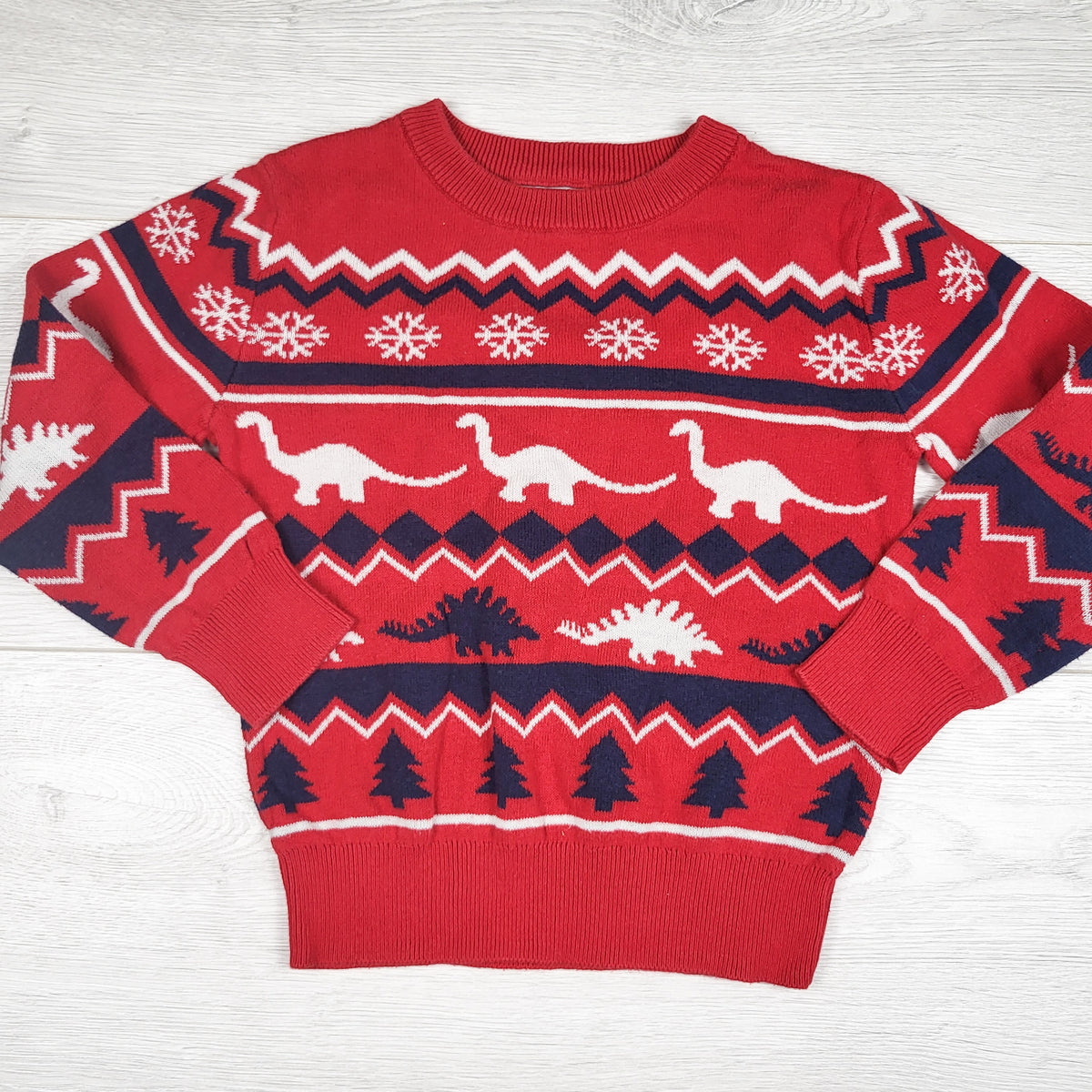 Andy and Evan red and navy dinosaur pattern sweater. Size 3T