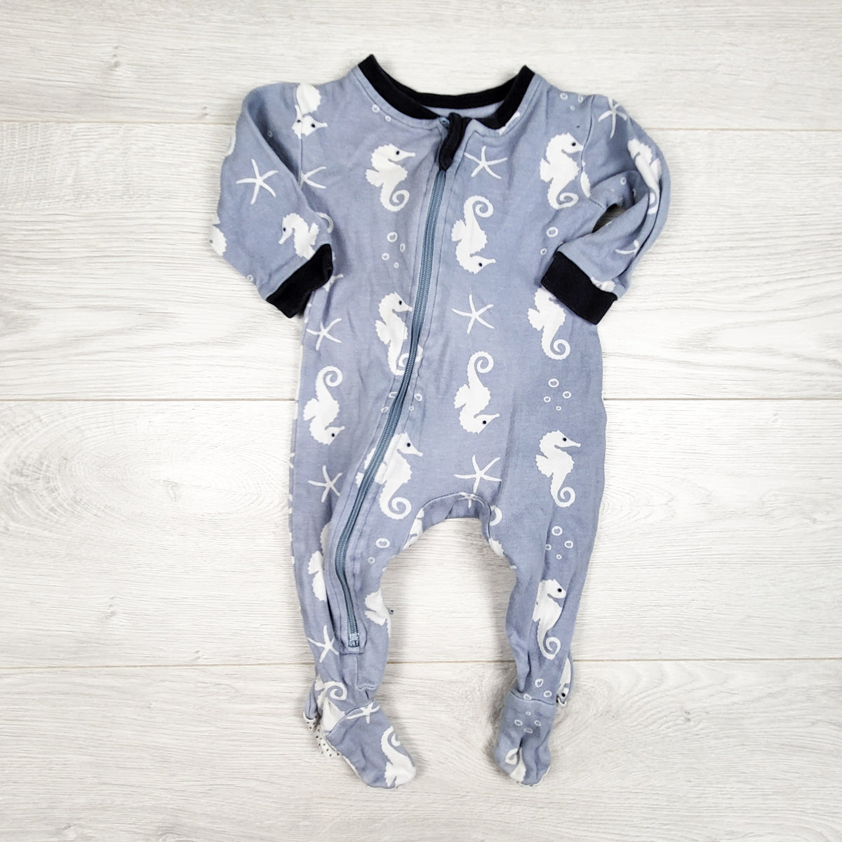 Zippyjamz blue zippered seahorse organic cotton sleeper. Size 3-6 months