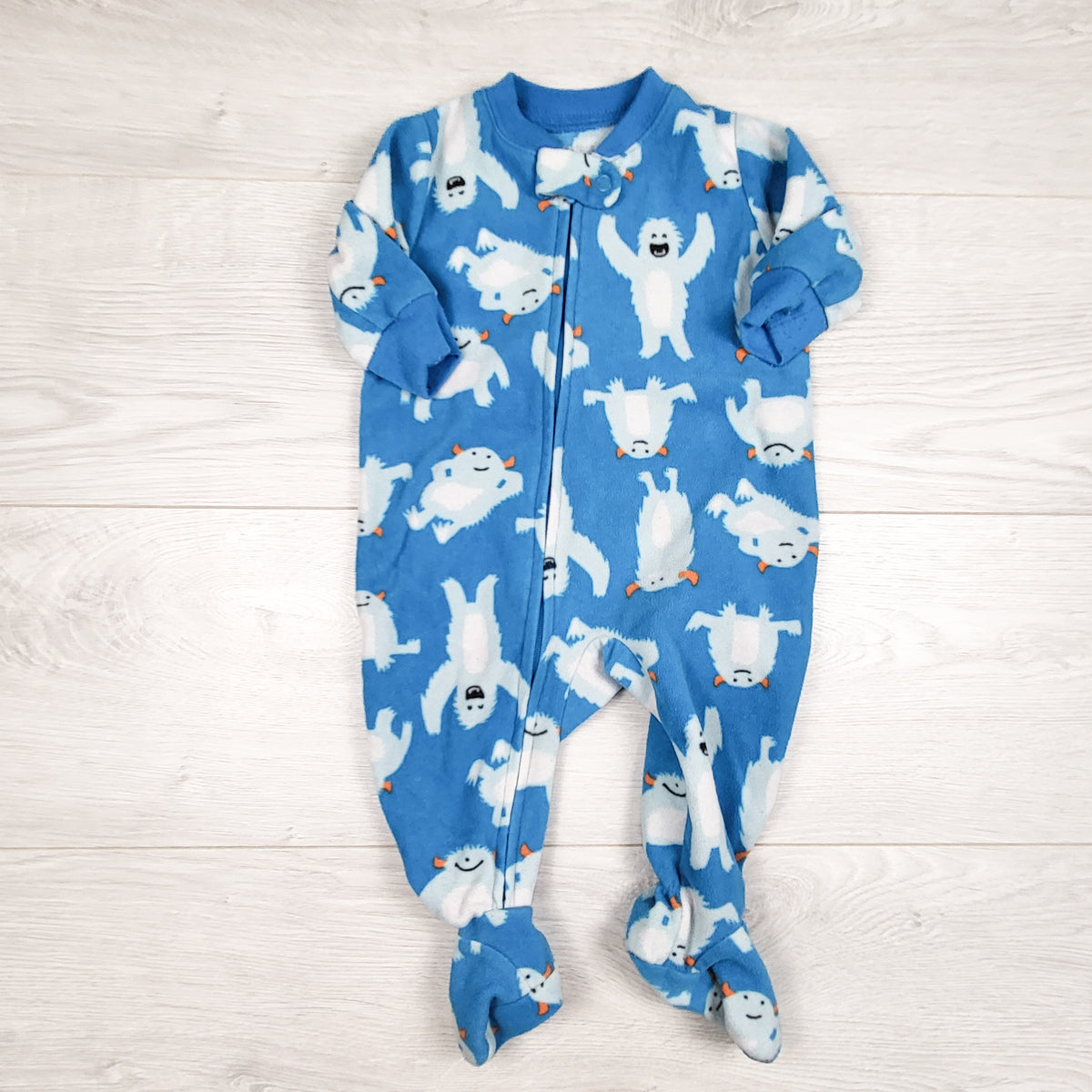 Carters blue zippered fleece sleeper with yeti monsters. Size 3 months