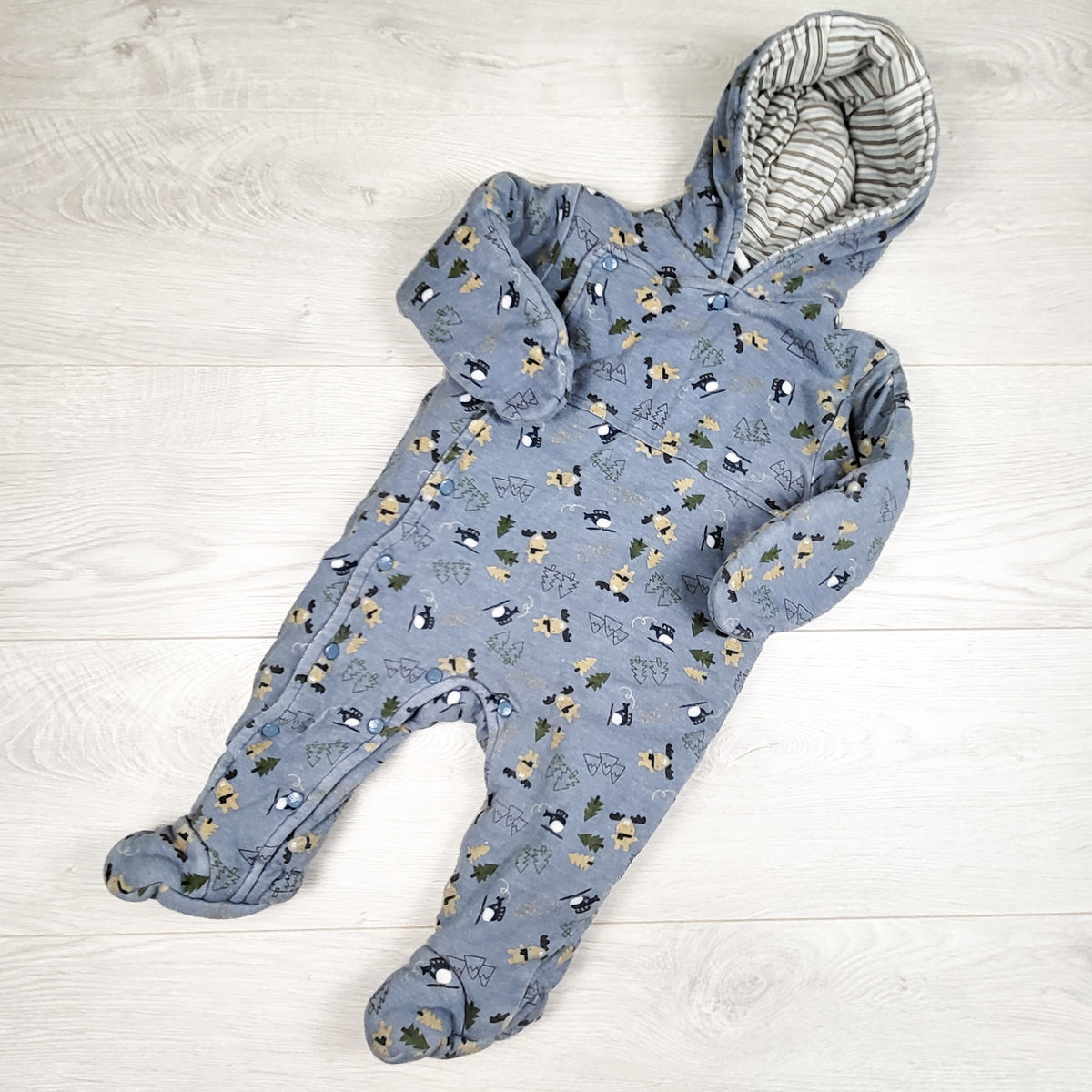 Little red Caboose blue quilted bunting suit with moose. Size 6-9 months