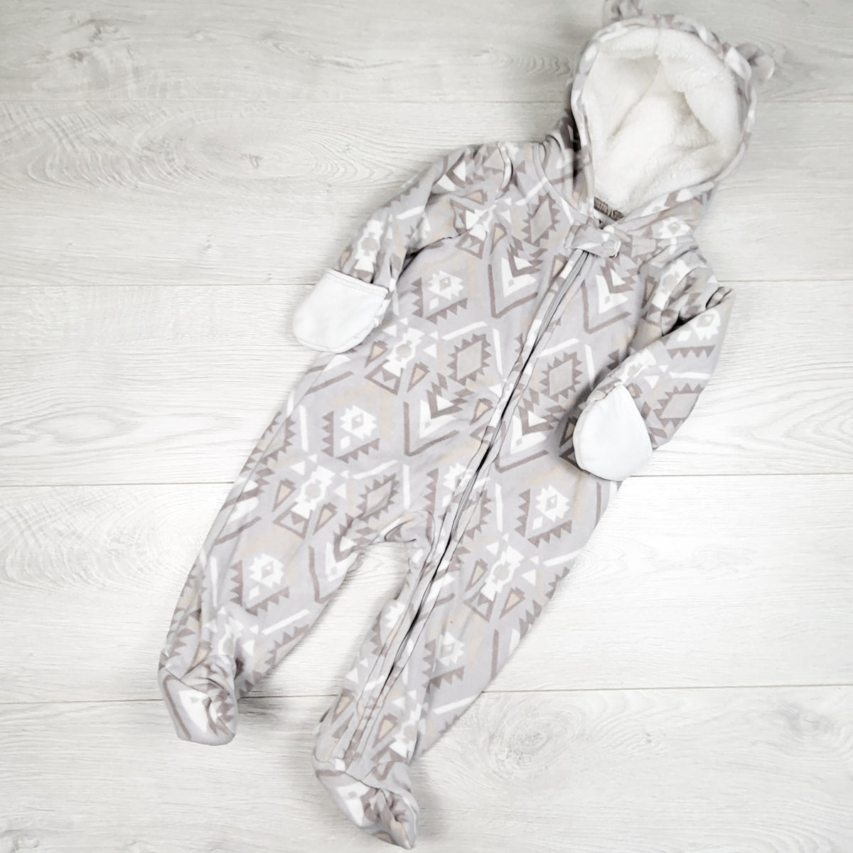 Carters grey patterned fleece bunting suit. Size 9 months