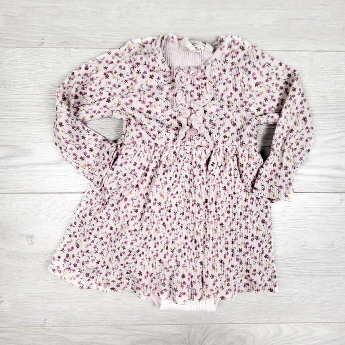 Minymo pink ribbed floral print bodysuit dress. Size 3 months