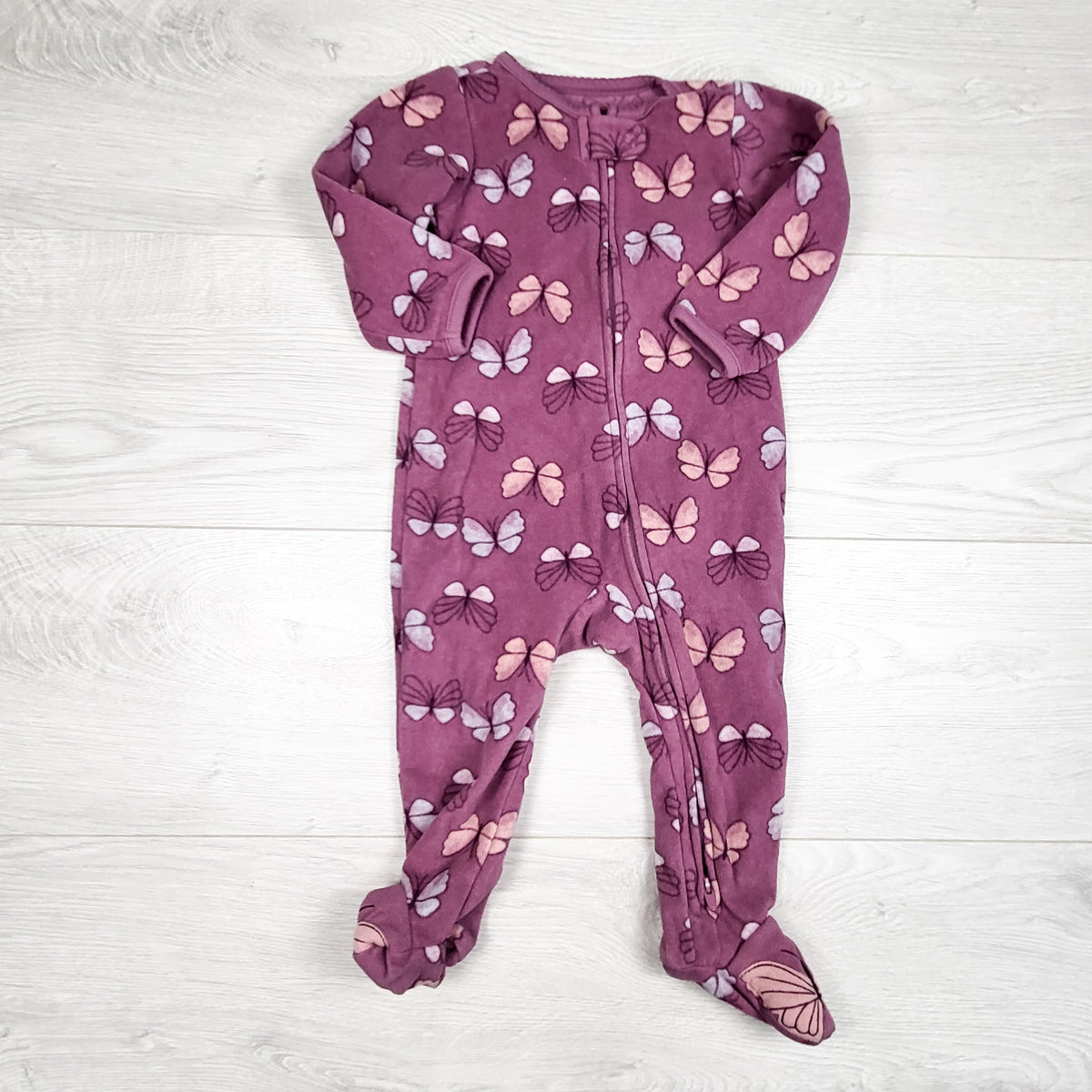 Child of Mine purple butterfly print zippered fleece sleeper. Size 6-9 months