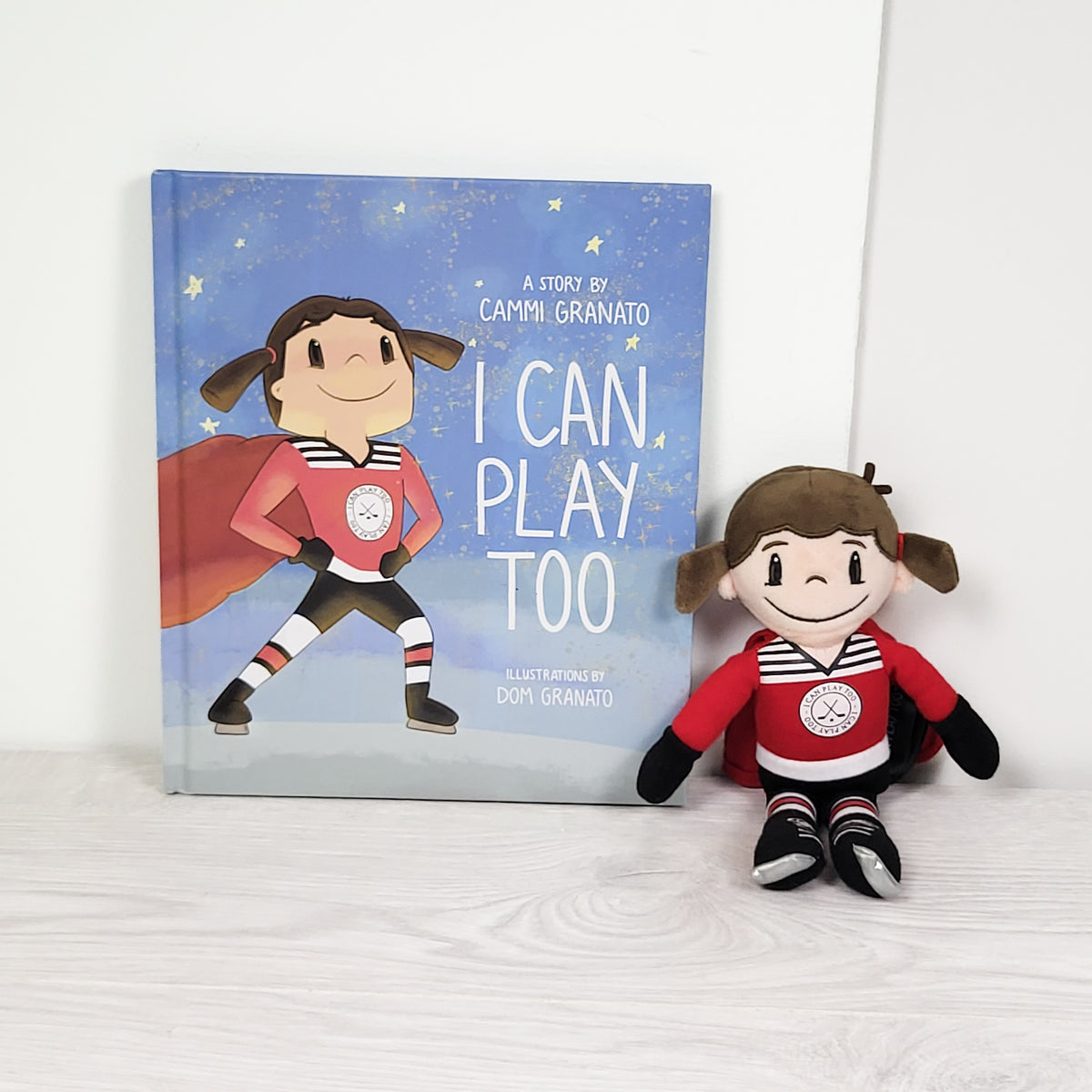 I Can Play Too hardcover book with matching plush doll