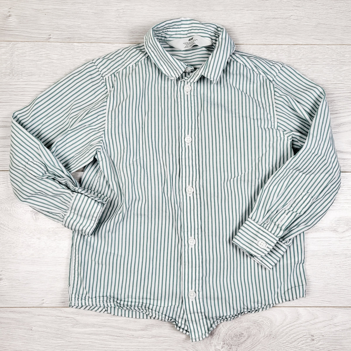 H and M teal striped long sleeve button up shirt. Size 3/4T