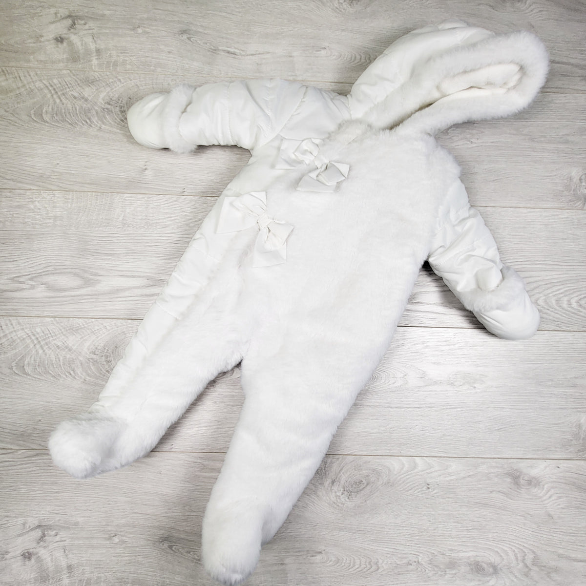 NEW - First Wish white bunting suit with faux fur. Size 3-6 months