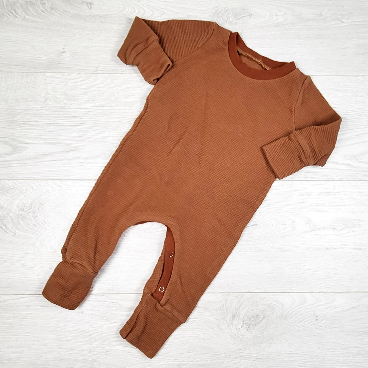 Teddy Little Apparel tan waffle knit romper. Size 9-12 months