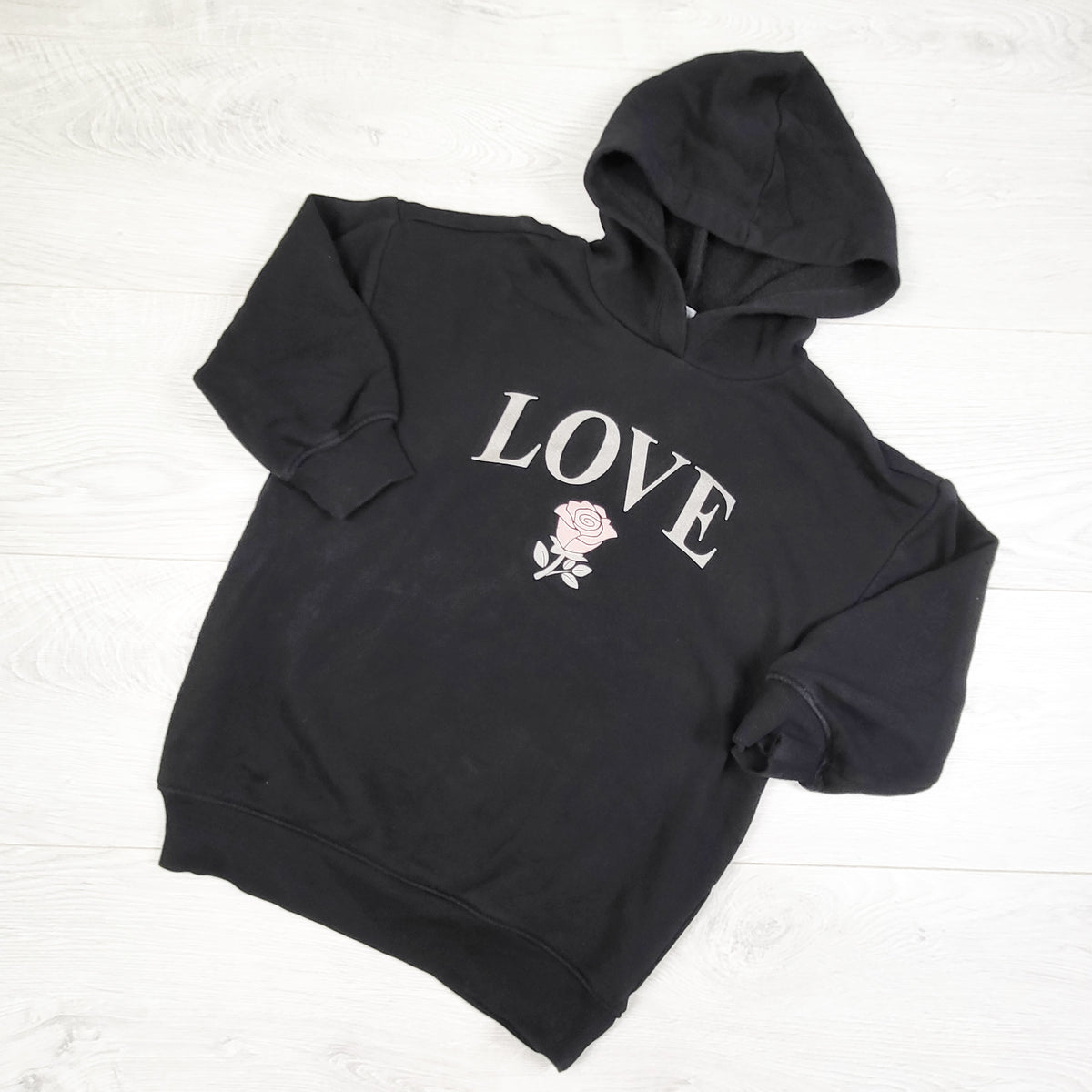Old Navy black hooded "Love" sweatshirt dress. Size 5T