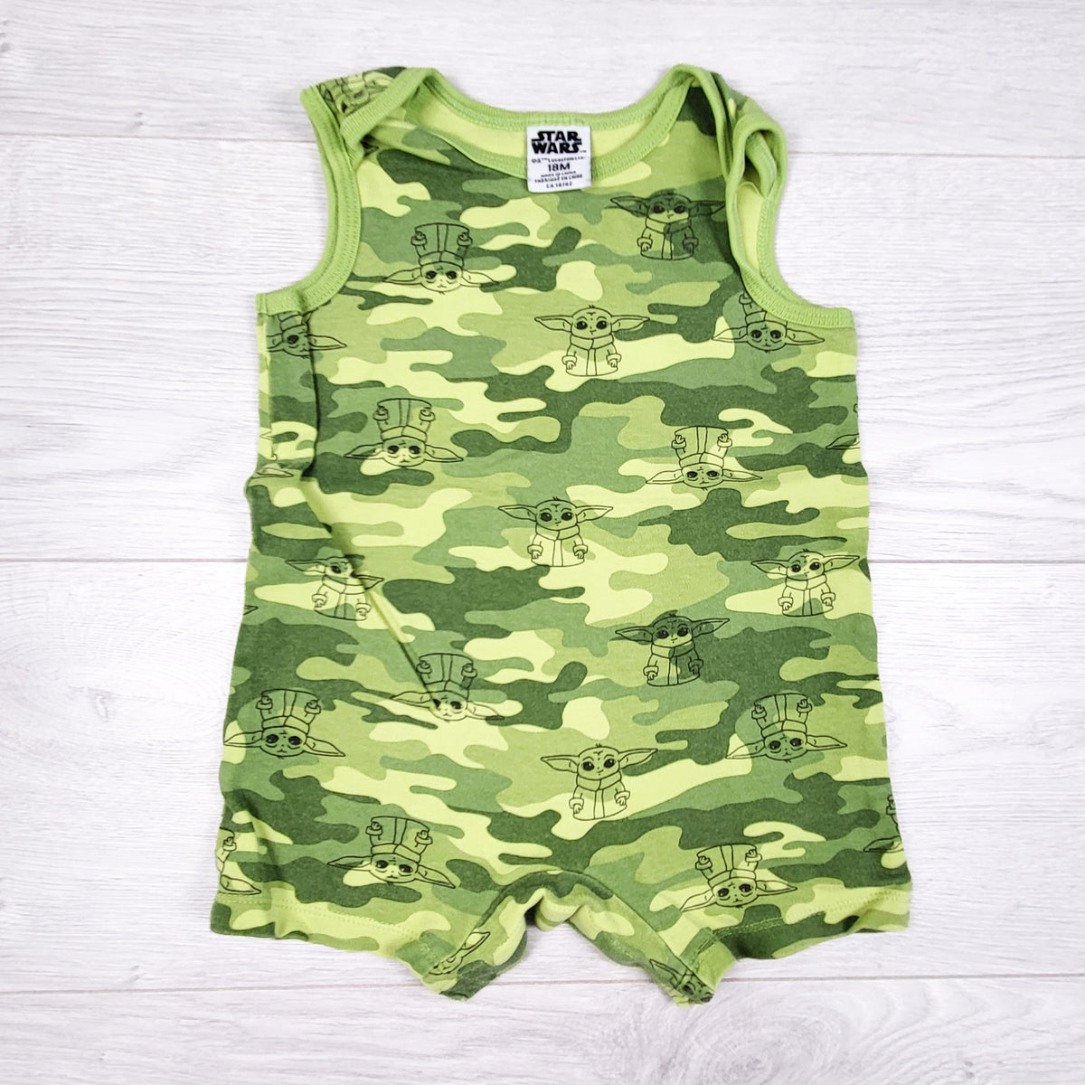 Star Wars green camouflage Yoda romper. Size 18 months