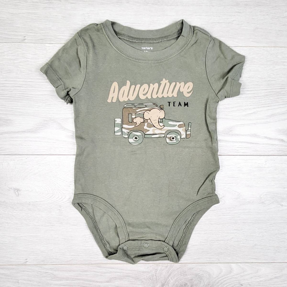 Carters khaki green "Adventure Team" bodysuit. Size 18 months