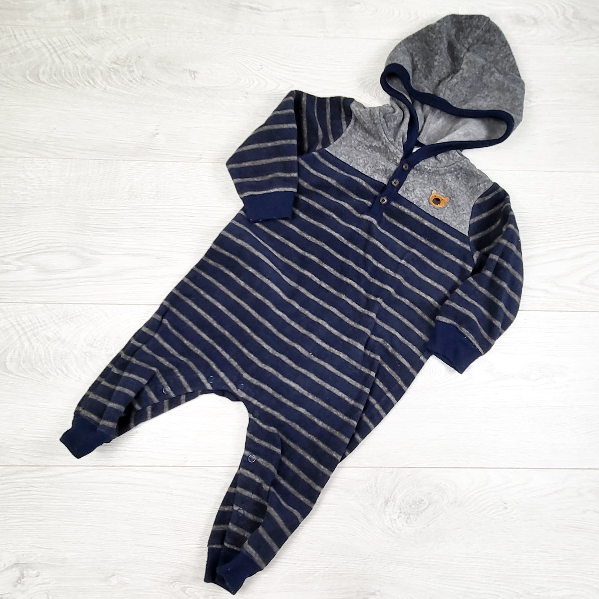 George navy and grey striped hooded fleece romper. Size 12-18 months