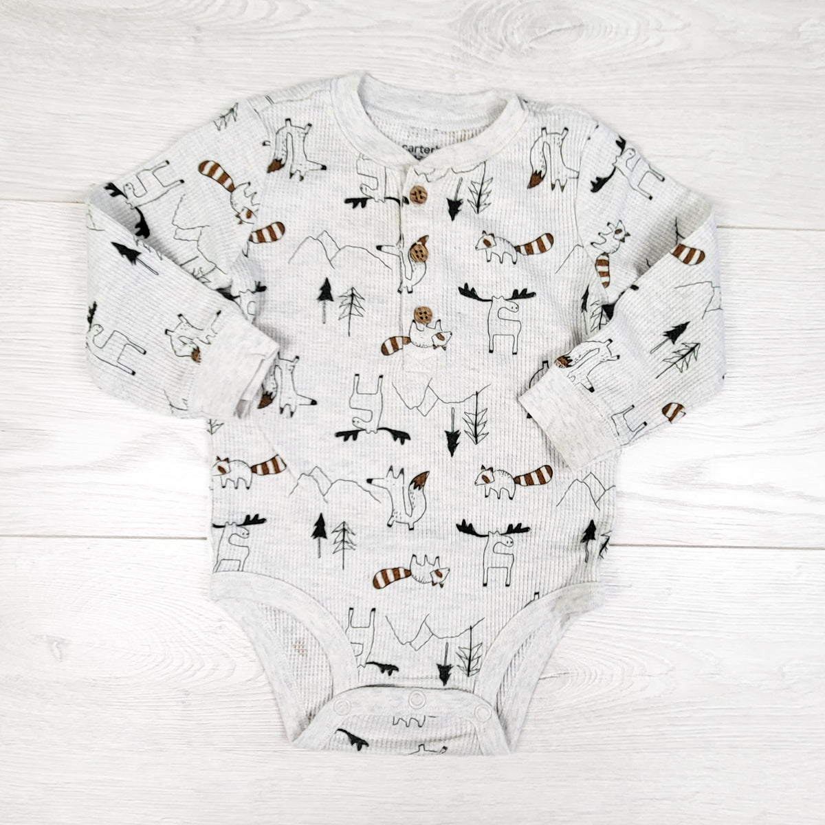 Carters grey waffle knit bodysuit with woodland animals. Size 12 months