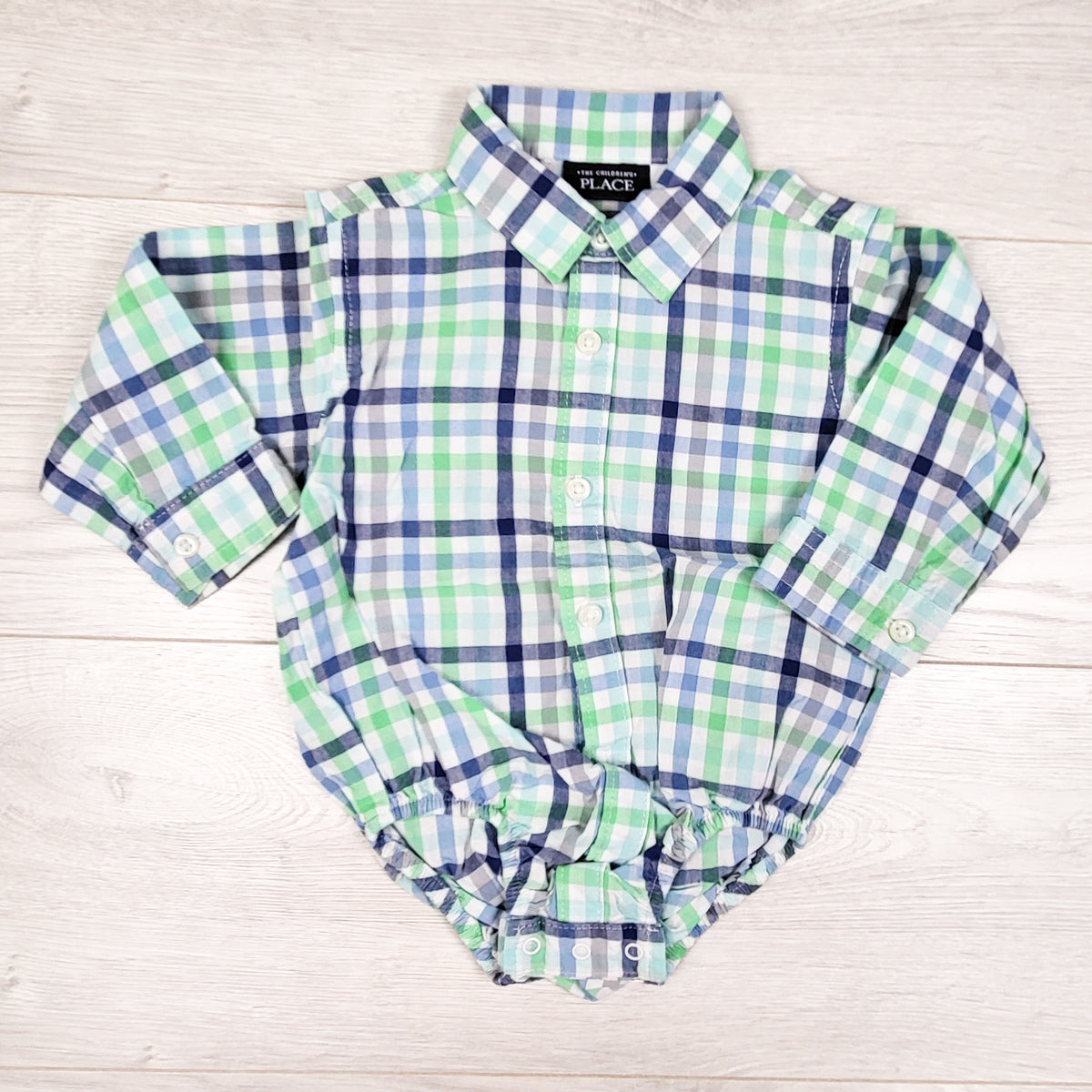 Children's Place blue and green plaid button down bodysuit. Size 9-12 months