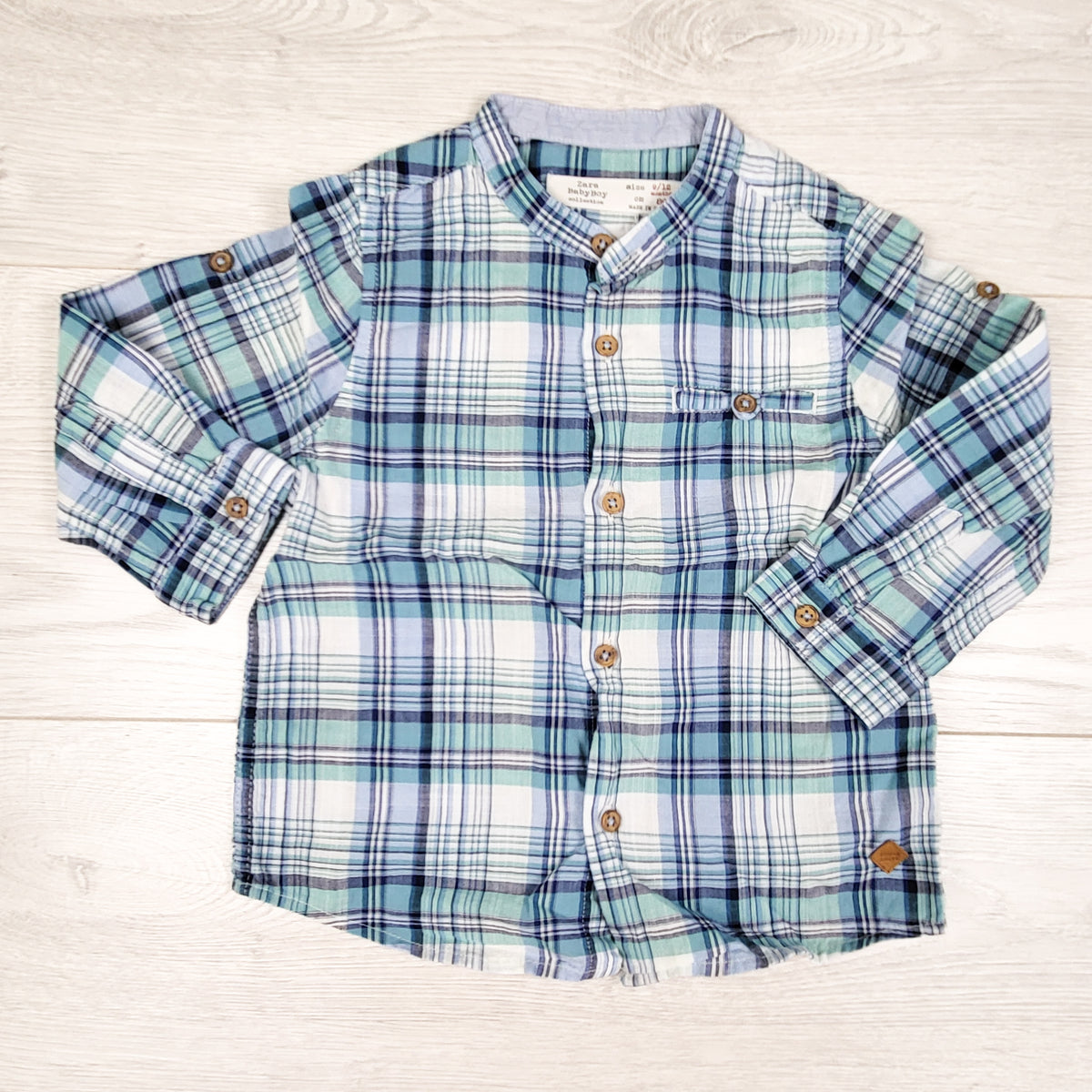 Zara blue plaid button down collarless shirt. Size 9-12 months