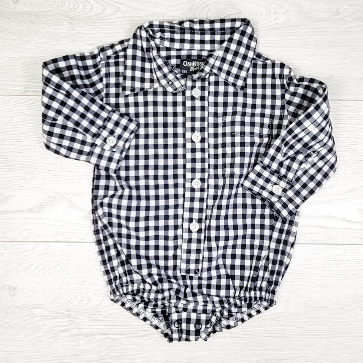 Oshkosh navy checked button down bodysuit. Size 12 months