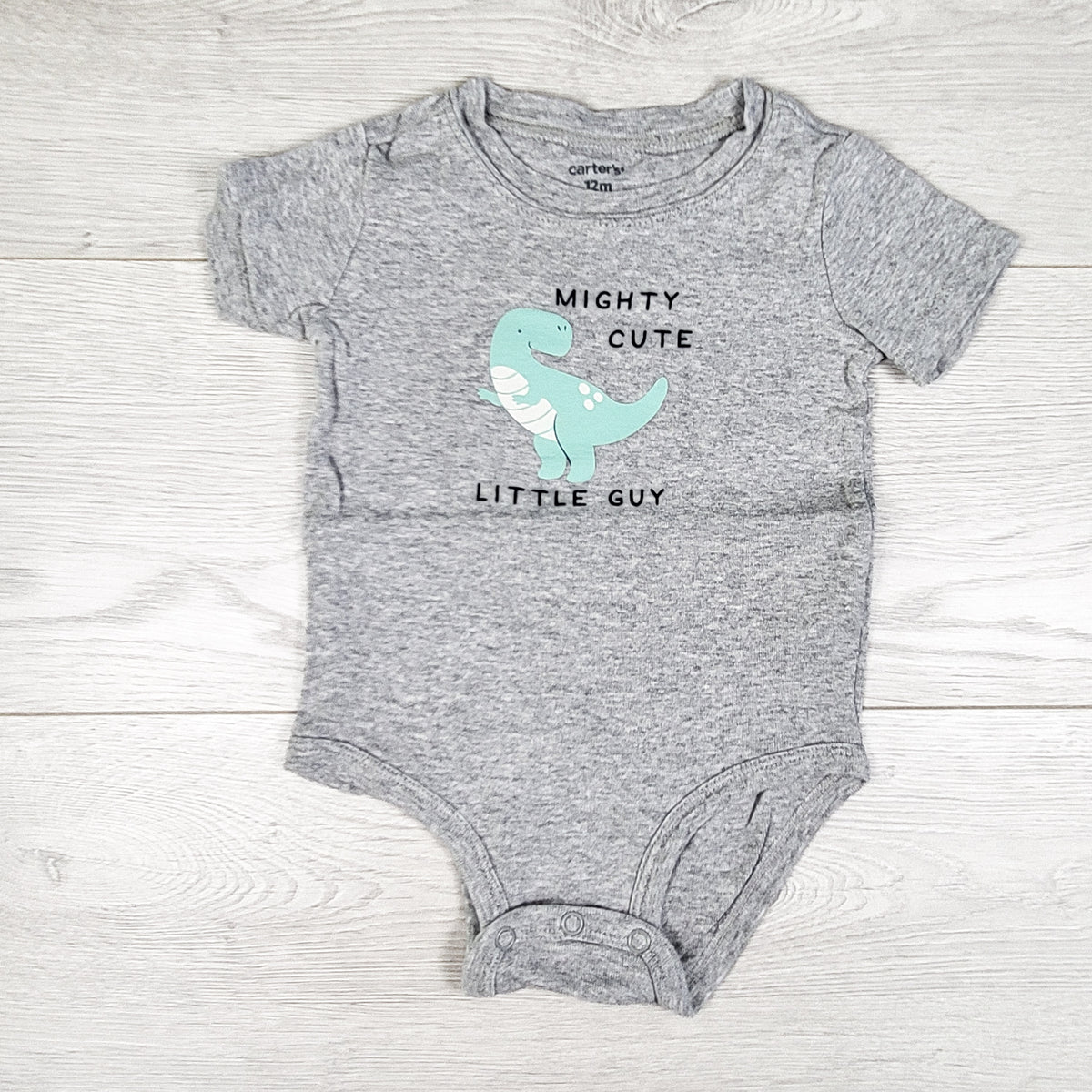 Carters grey "Mighty Cute Little Guy" dinosaur bodysuit. Size 12 months