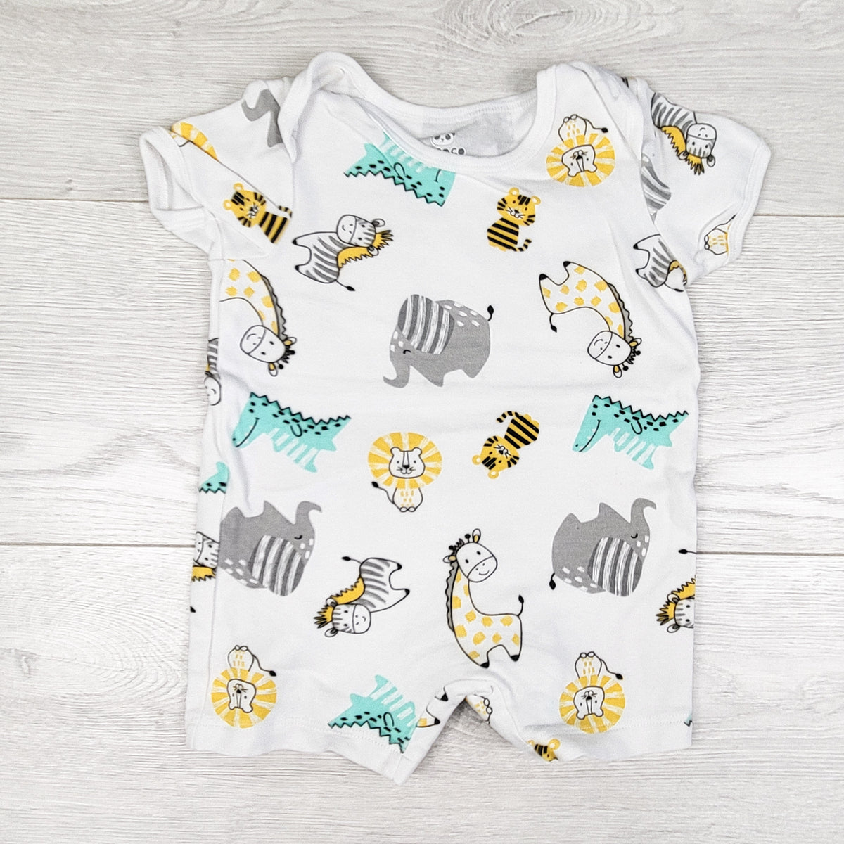 Rococo white romper with safari animals. Size 9 months