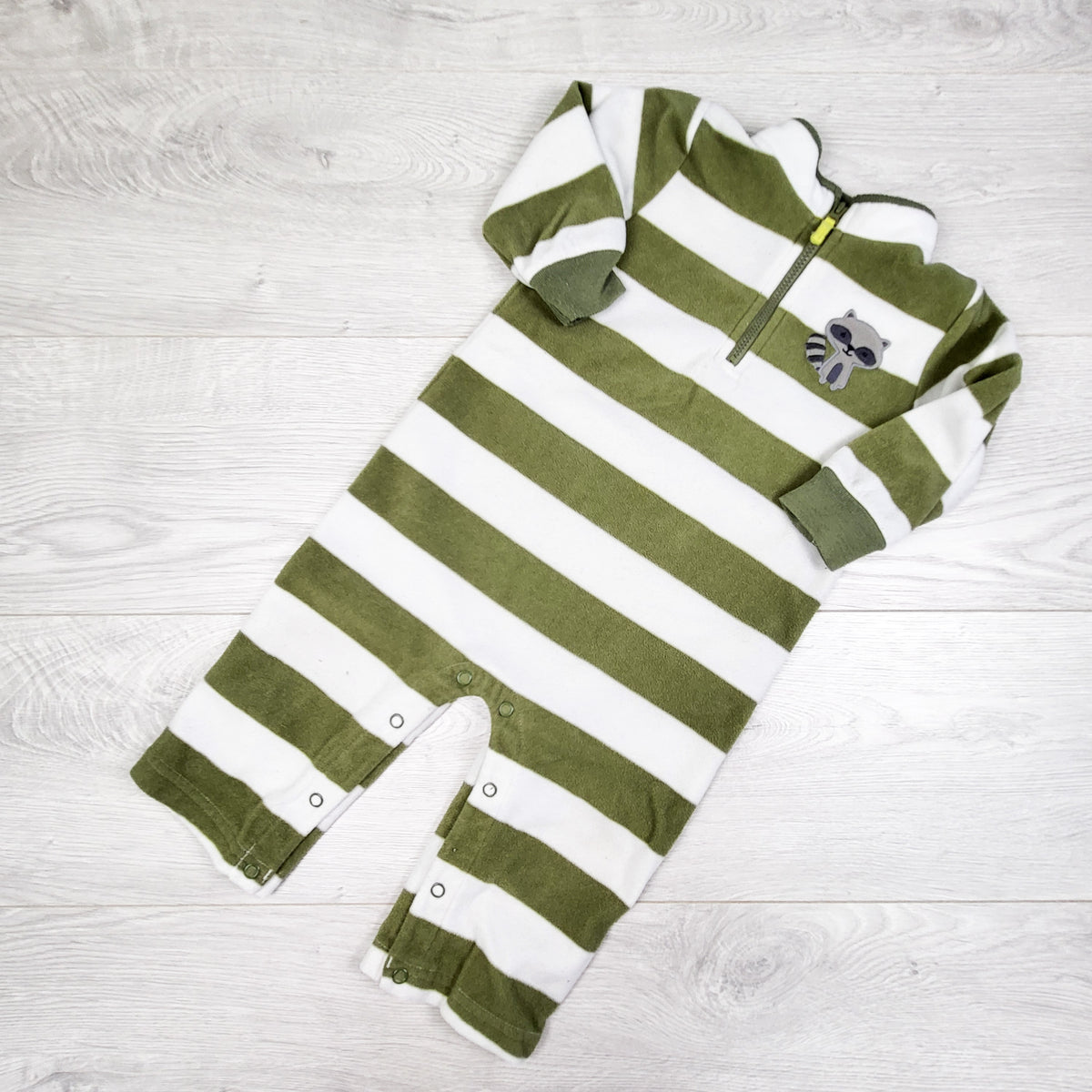 Child of Mine green and white striped fleece romper with raccoon. Size 12 months