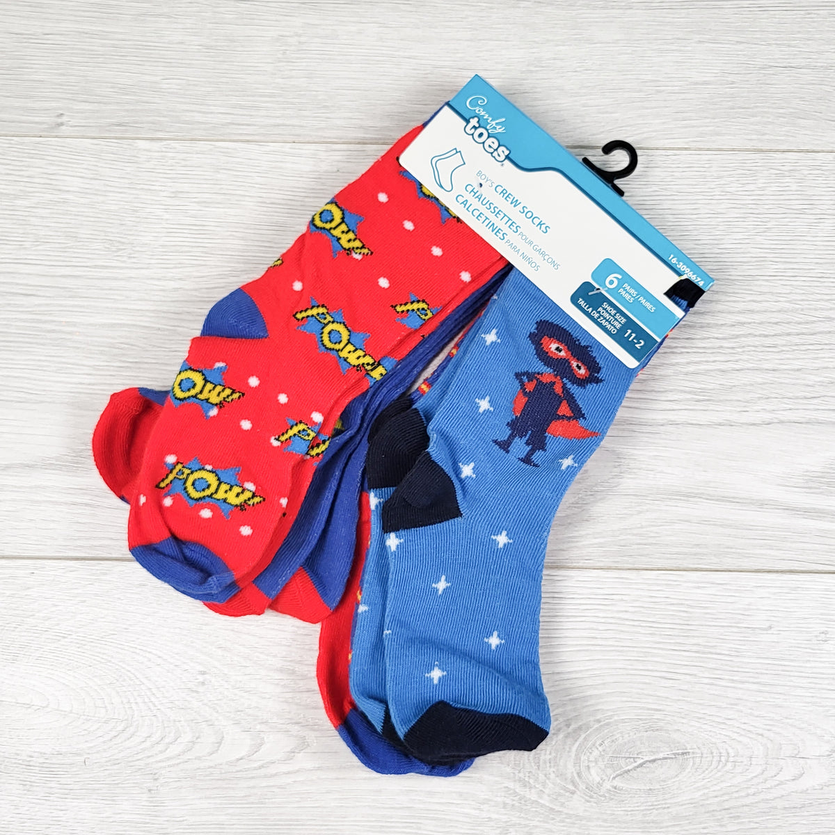 NEW - Comfy Toes 6-pack super hero crew socks. Shoe size 11 to youth 2