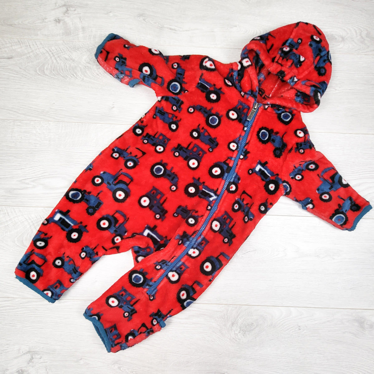 Hatley red plush bunting suit with tractors. Size 12-18 months