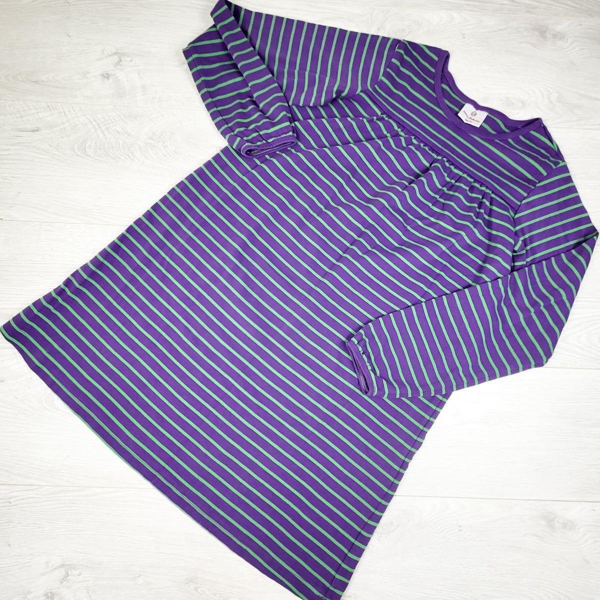 Hanna Andersson purple and green striped cotton dress. Size 150 (10/12)