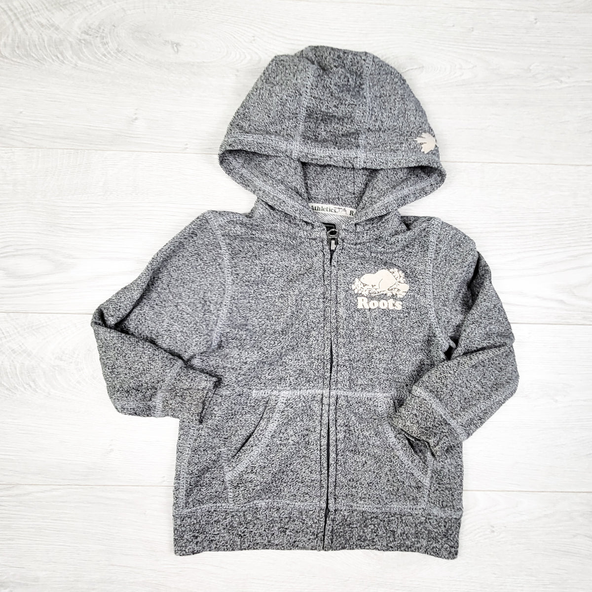 Roots heathered grey zip up hoodie. Size 4T