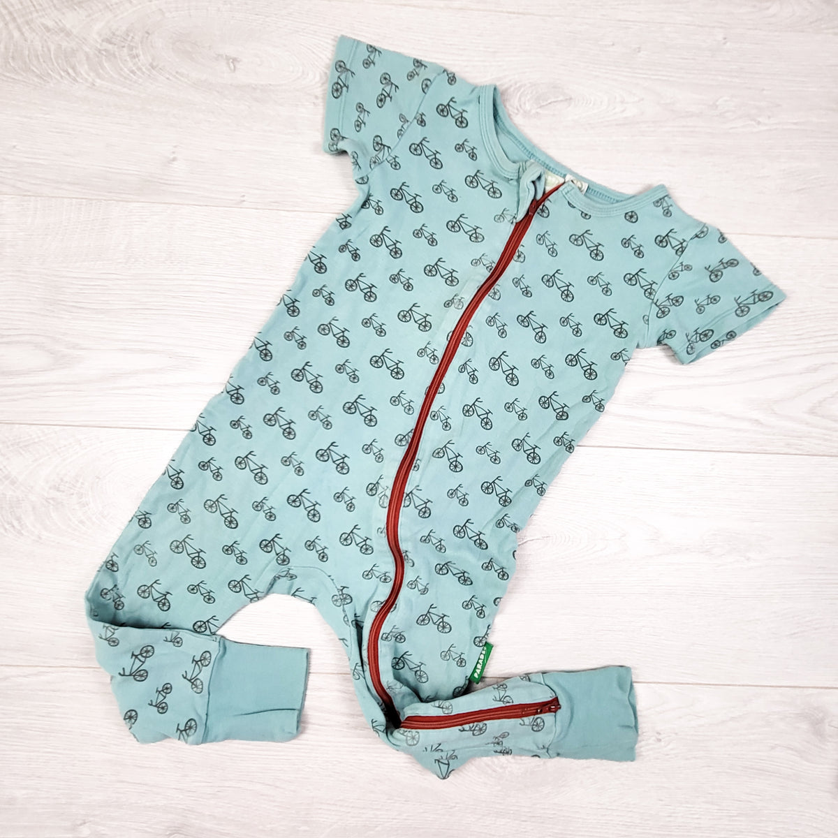 Parade Organics aqua coloured zippered organic cotton bicycle print romper. Size 2T