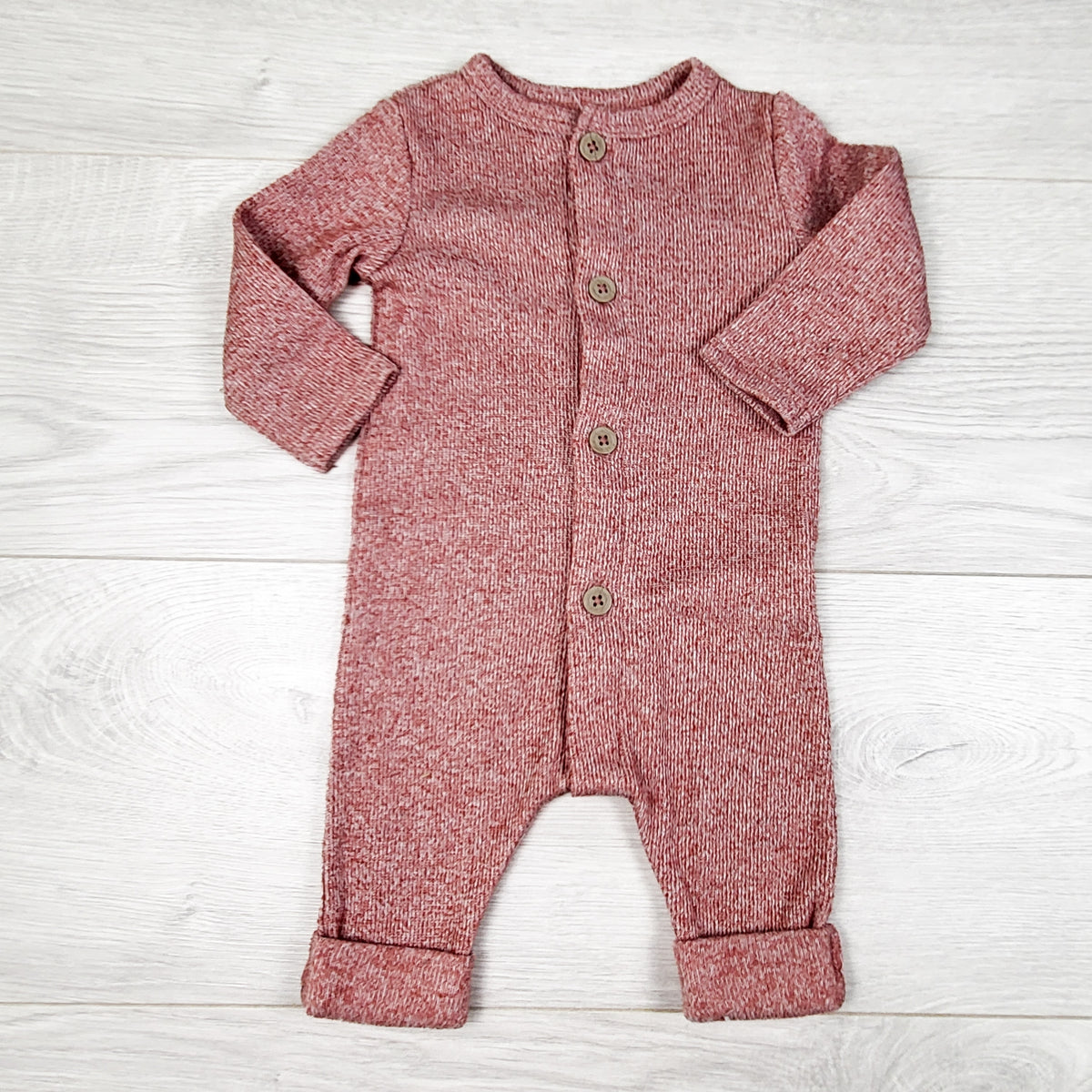 Rise Little Earthling heathered red knit button down romper. Size 0-3 months