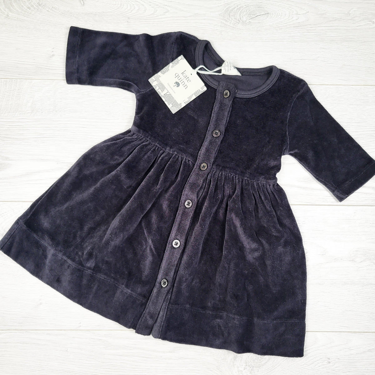 NEW - Kate Quinn Organic Cotton Velour Button-Front Long-Sleeve Dress. Size 12-18 months