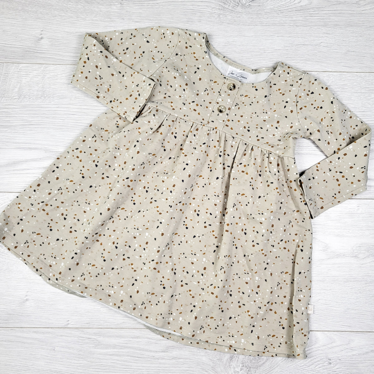 Jax and Lennon beige confetti print bamboo blend dress. Size 12-18 months