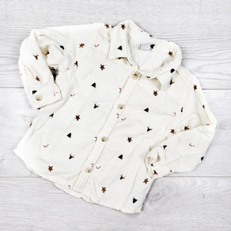 Old Navy cream coloured Christmas themed button down corduroy shirt. Size 18-24 months