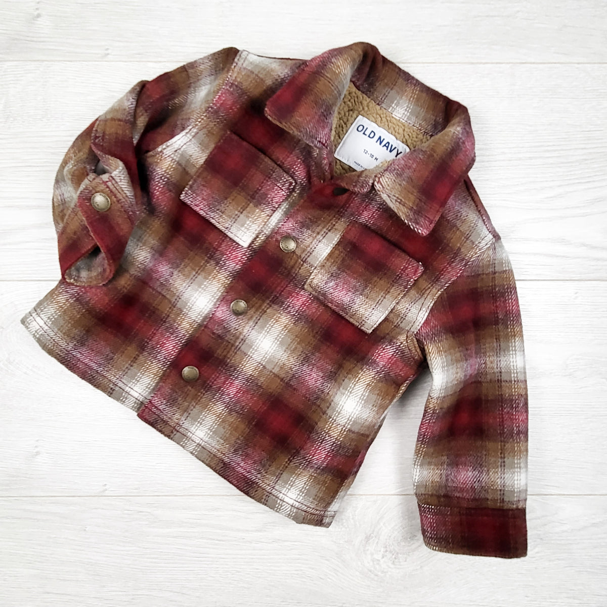 Old Navy red plaid shepa lined flannel shacket. Size 12-18 months