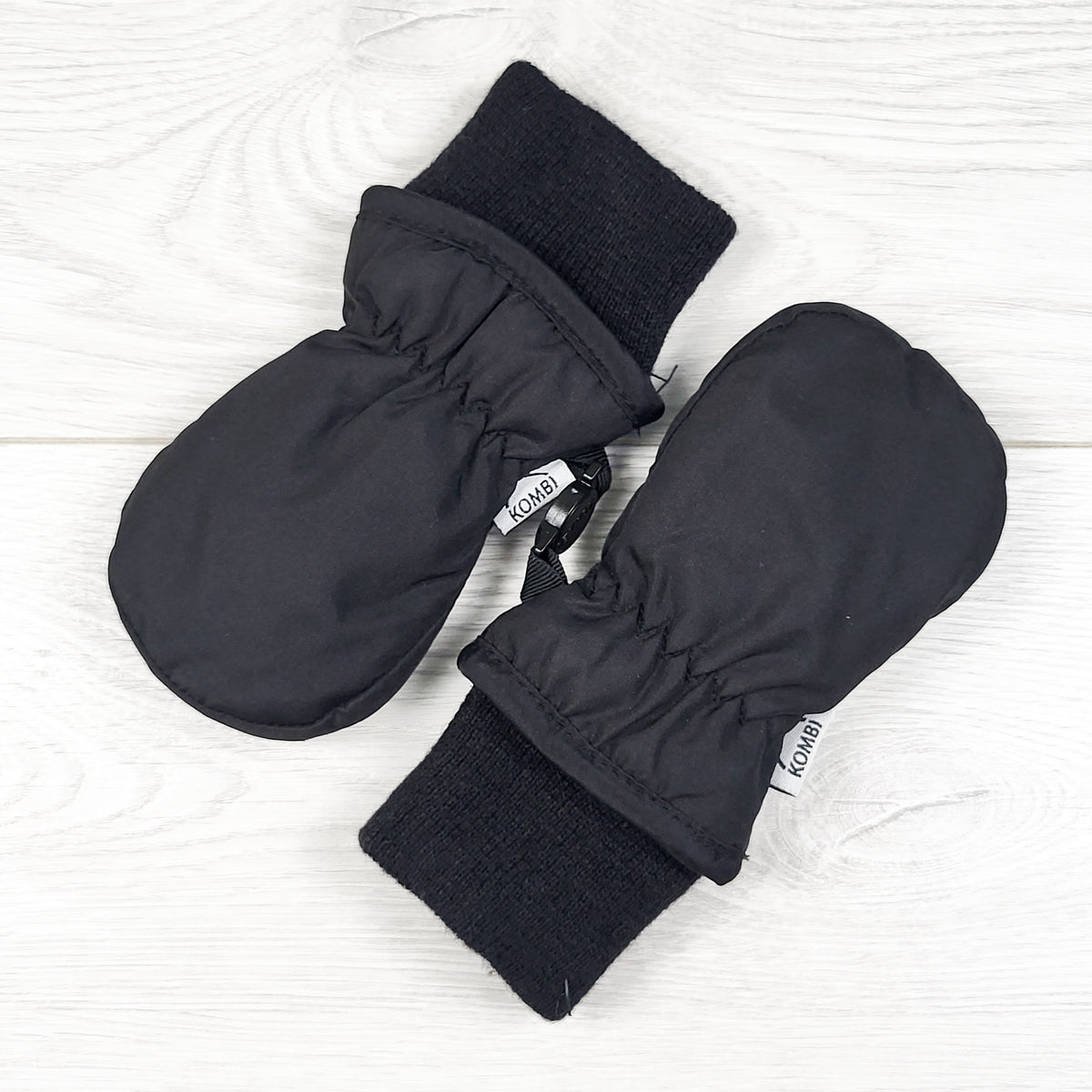 Kombi black waterproof mittens. Size 3-9 months