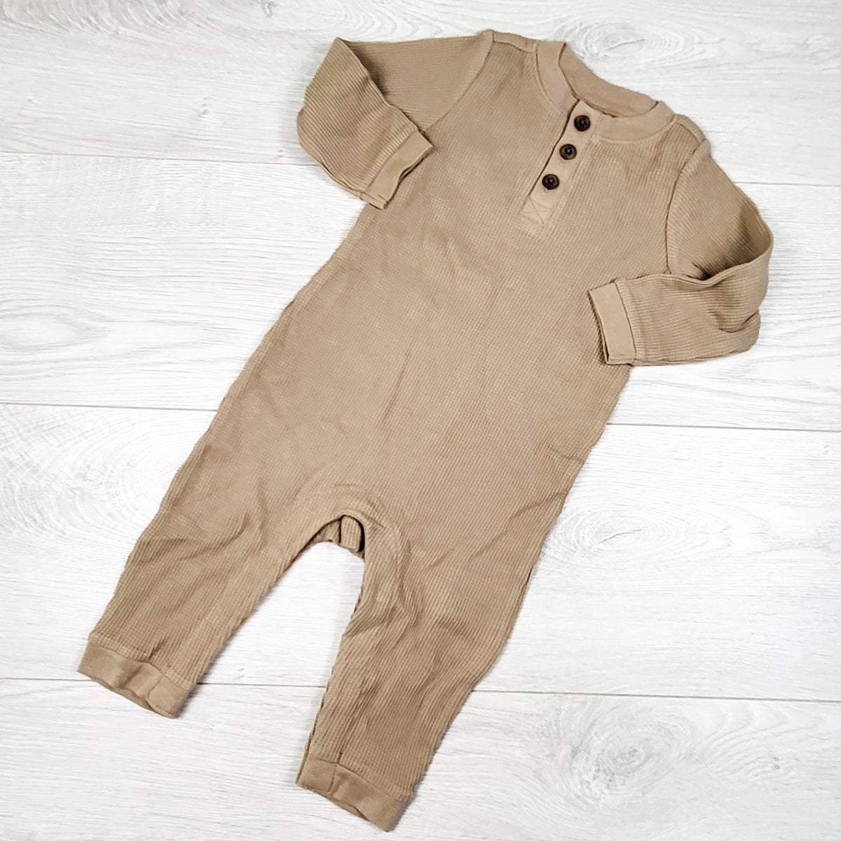 Old Navy dark beige waffle knit romper. Size 6-12 months
