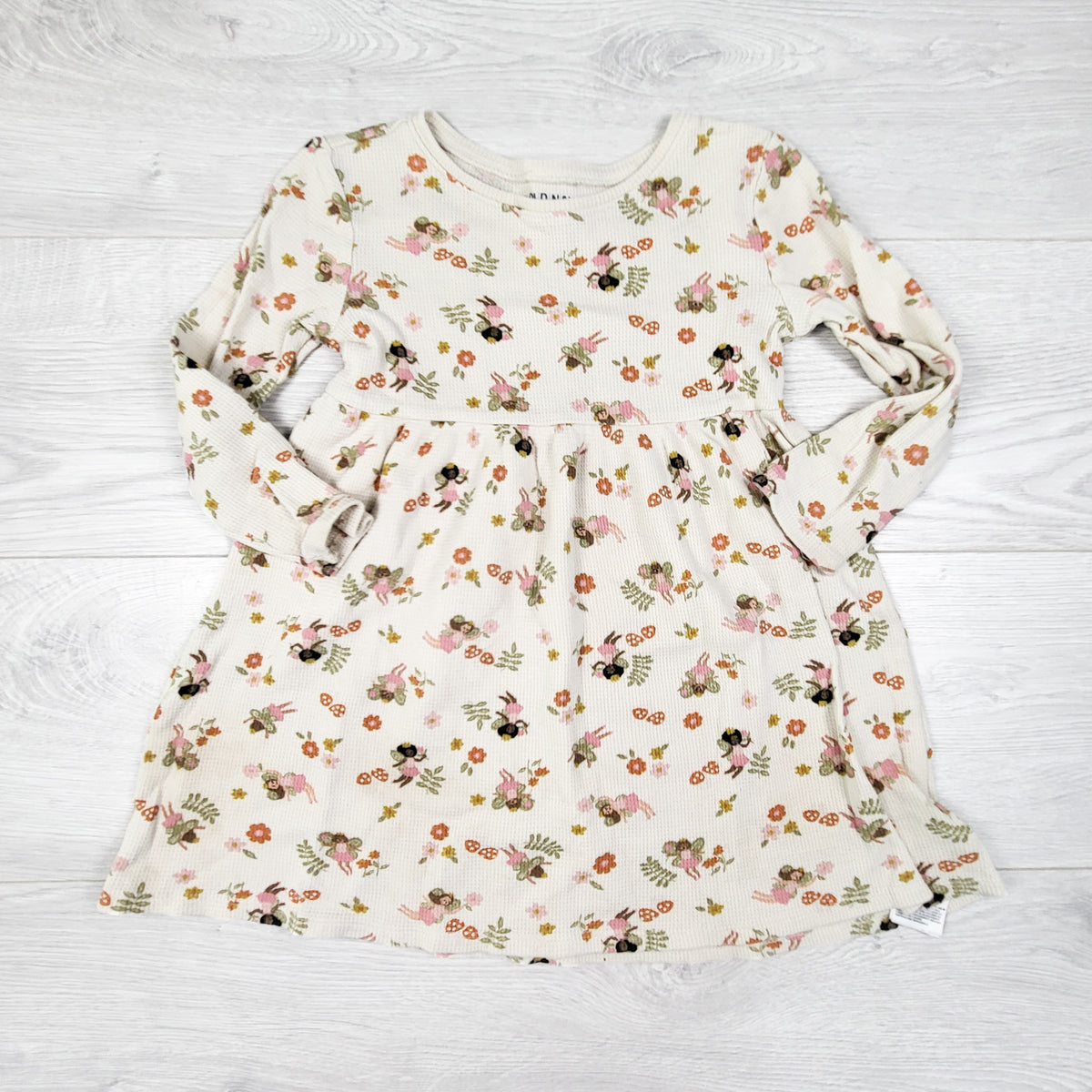Old Navy beige waffle knit dress with flowers and fairies. Size 4T
