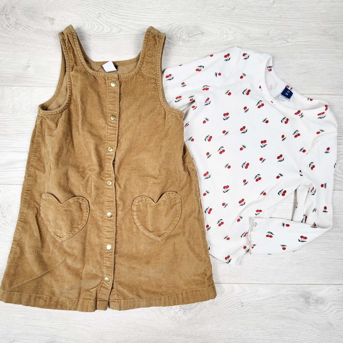 Old Navy tan corduroy heart pocket dress + matching cherry top. Size 3T