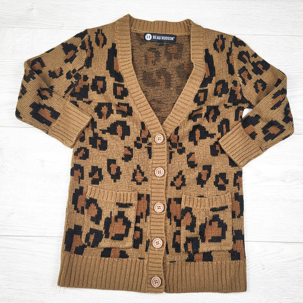Beau Hudson tan leopard print cardigan sweater. Size 2/3T