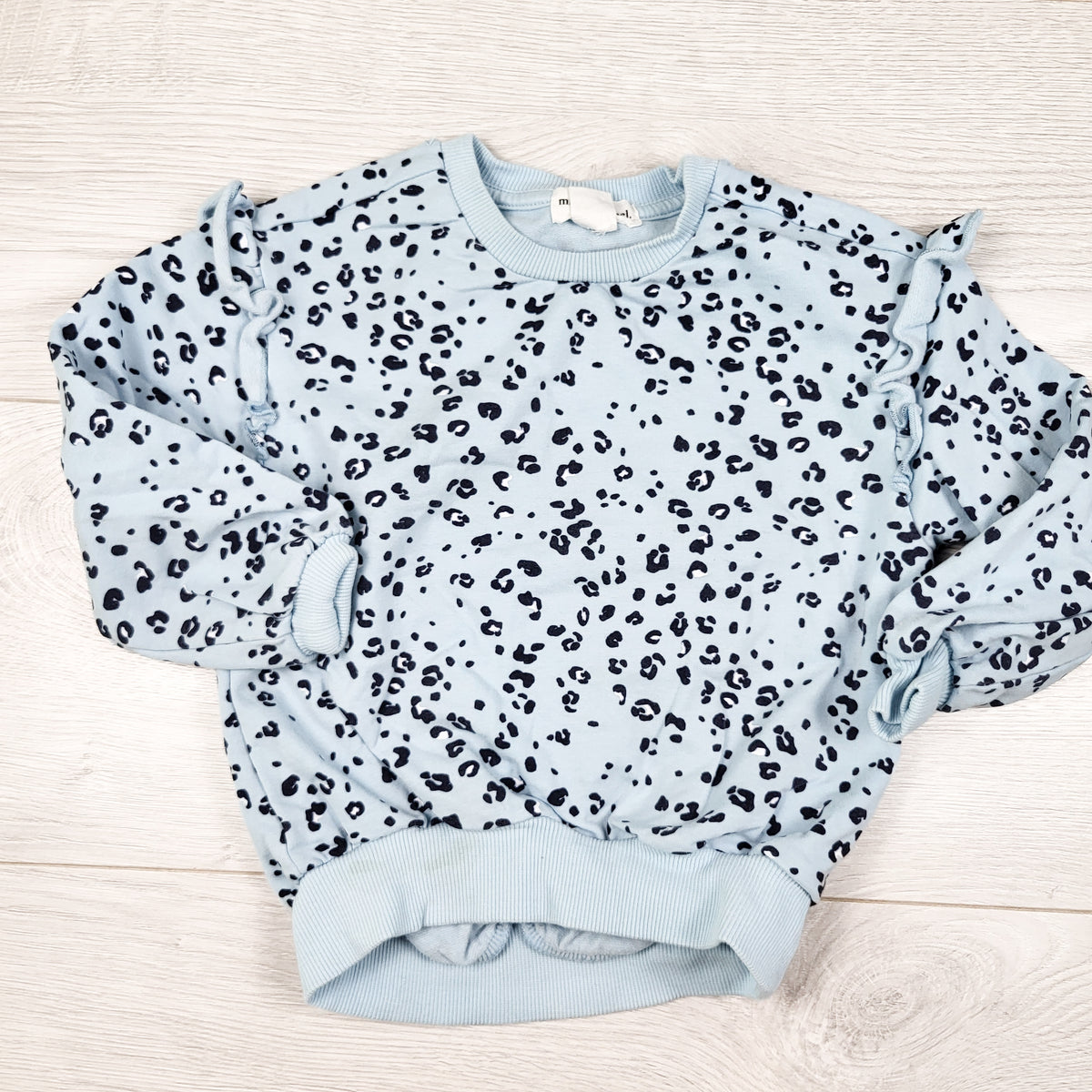 Miles the Label blue leopard print ruffle sweatshirt. Size 18 months