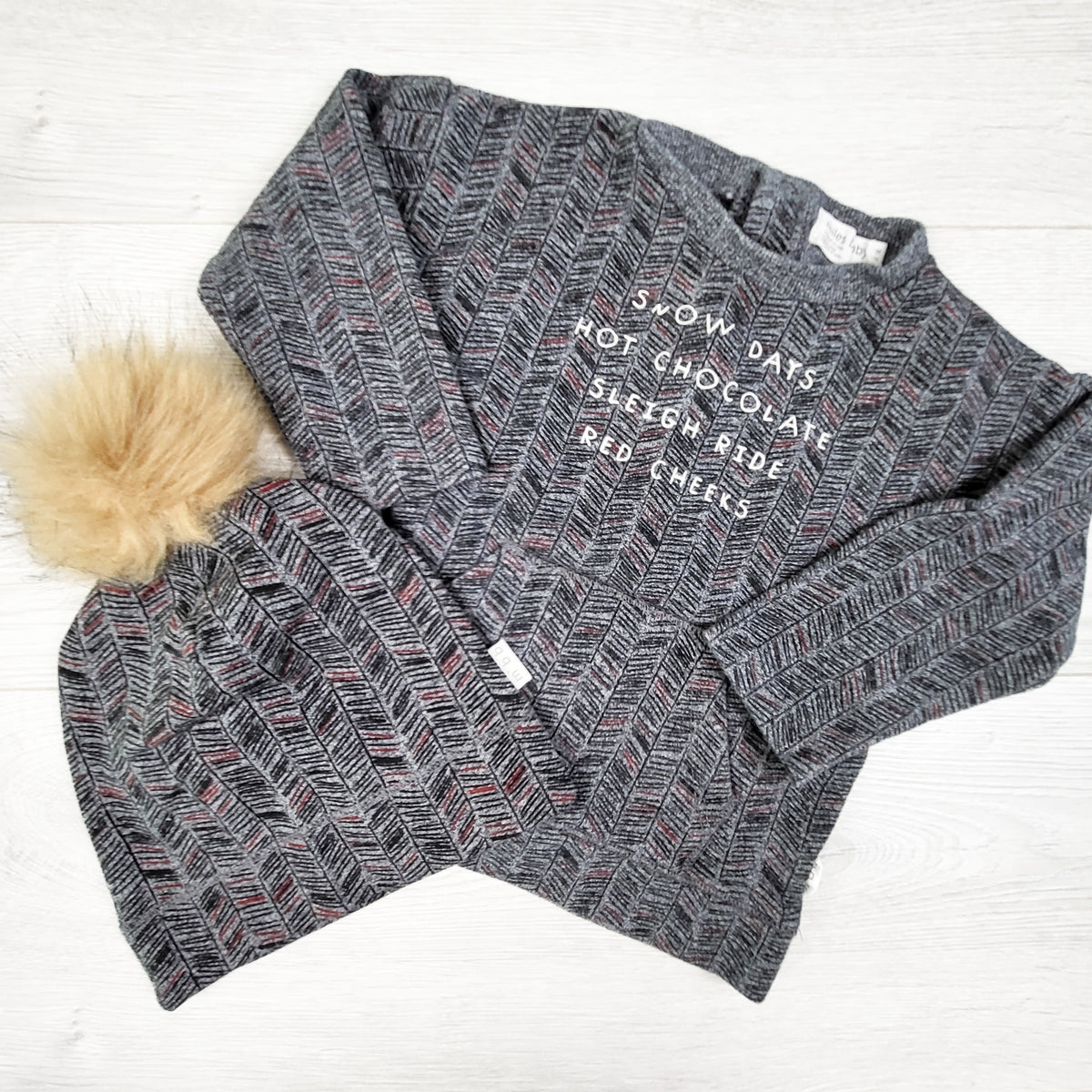 Miles Baby grey patterned "Snow Days" sweatshirt and hat. Size 12 months