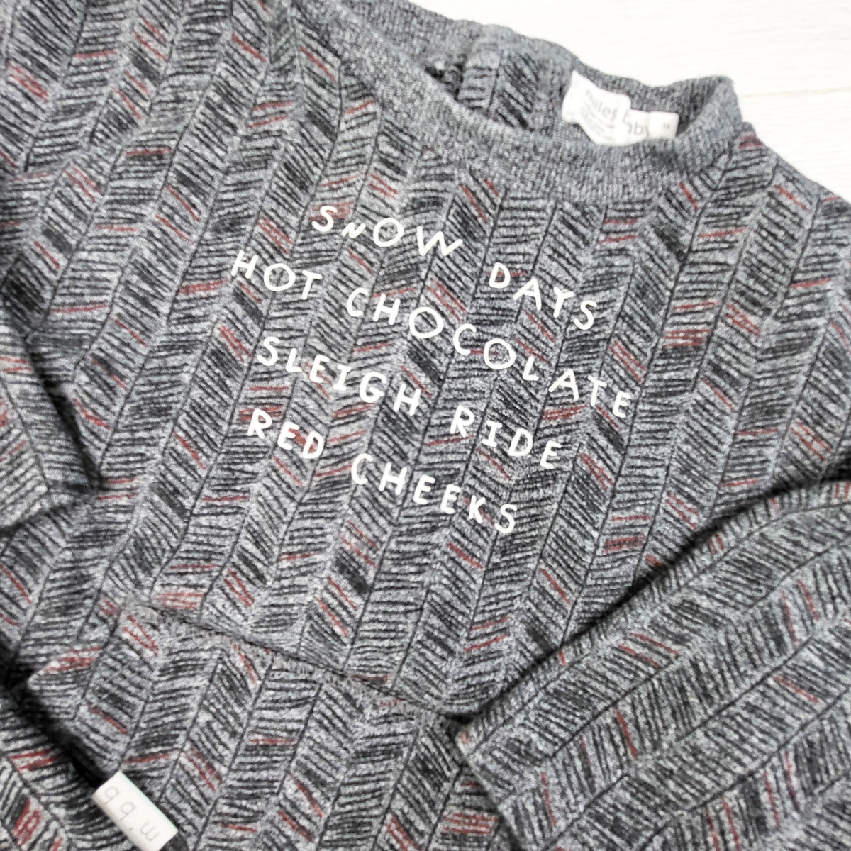 Miles Baby grey patterned "Snow Days" sweatshirt and hat. Size 12 months