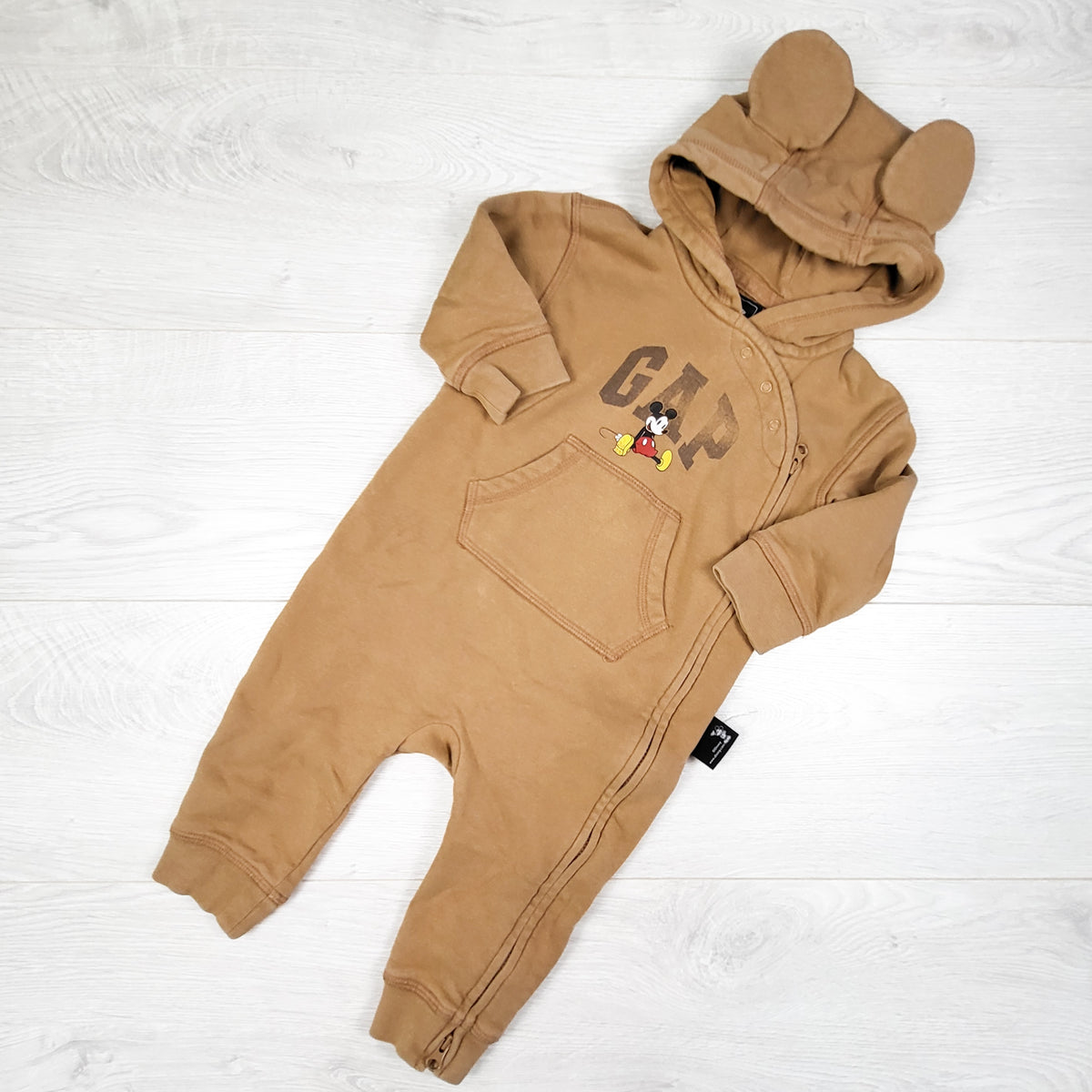 Gap x Disney tan distressed Mickey Mouse hooded sweatshirt romper. Size 6-12 months