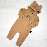 Gap x Disney tan distressed Mickey Mouse hooded sweatshirt romper. Size 6-12 months