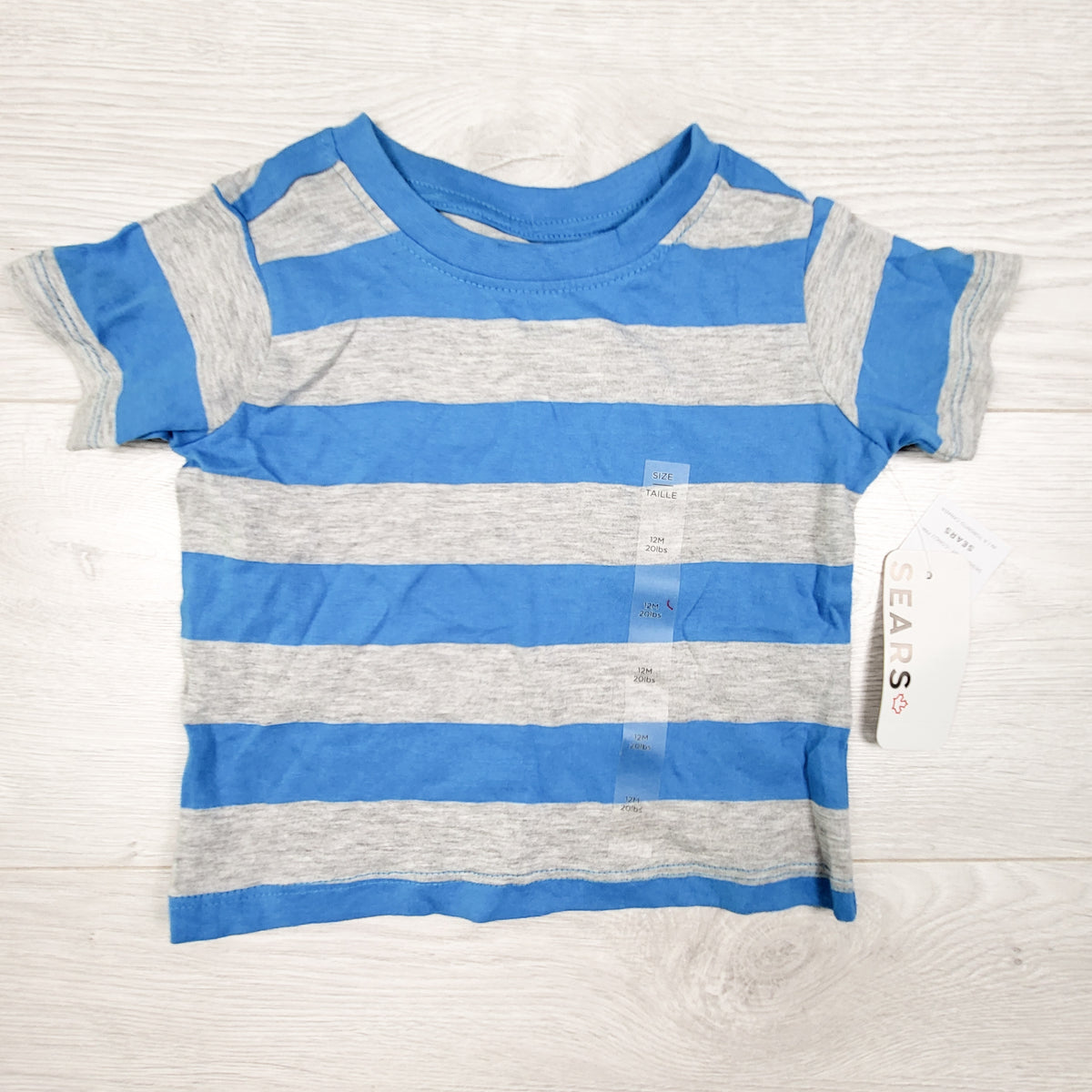 NEW - Sears blue and grey striped t-shirt. Size 12 months