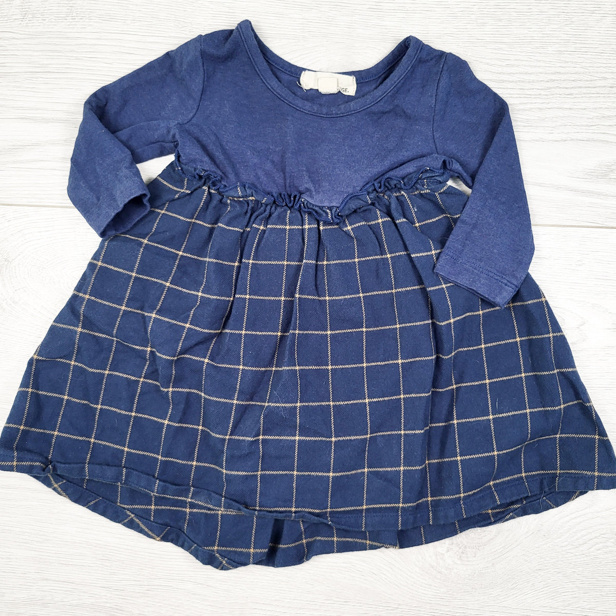 Greige navy plaid dress with attached bodysuit. Size 3-6 months