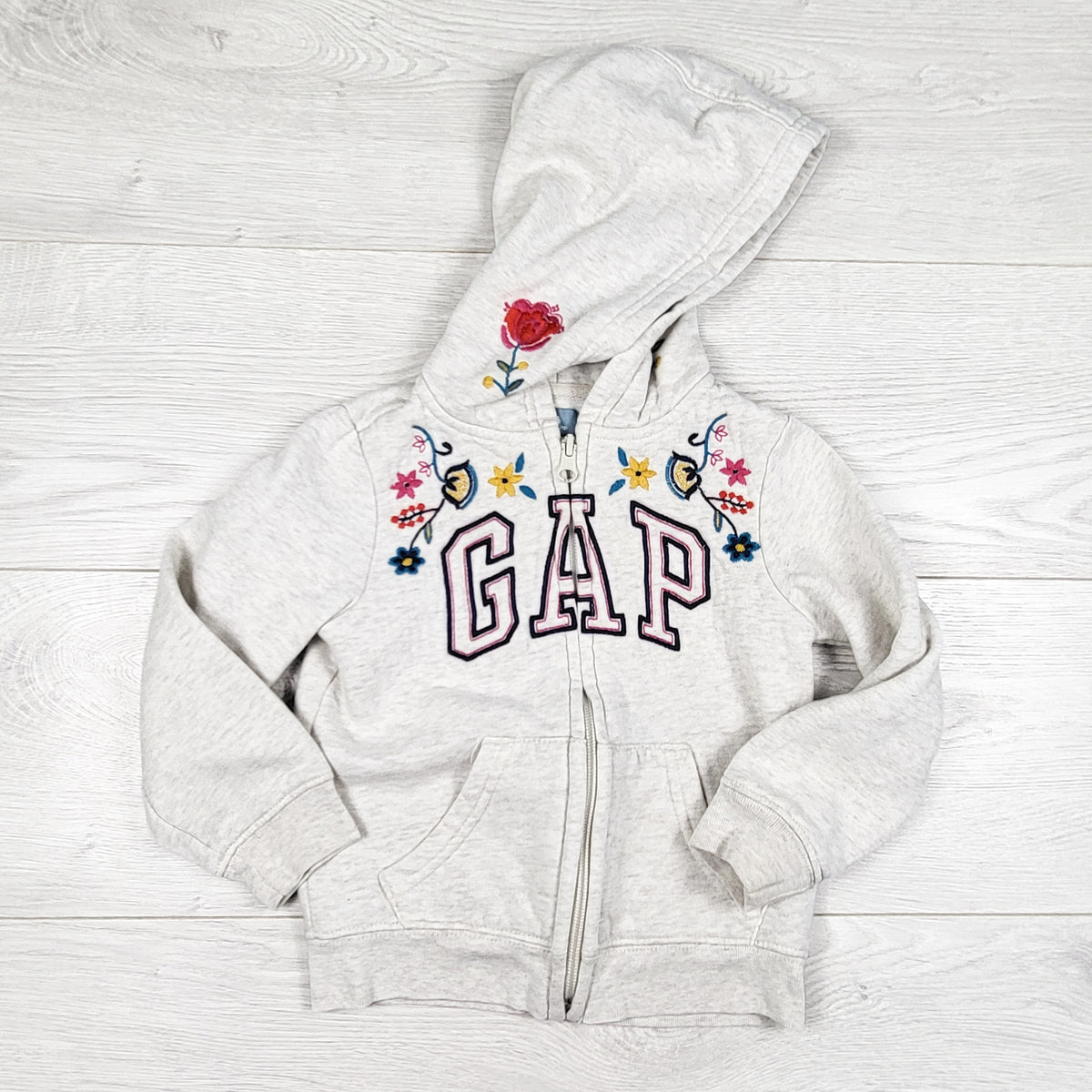 Gap grey floral embroidered zip up hoodie. Size 3T