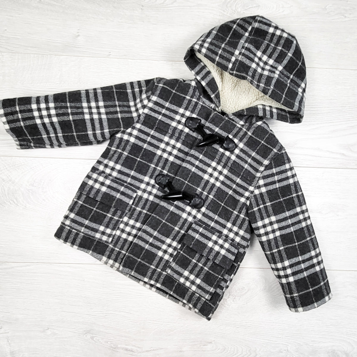 Joe Fresh plaid hooded pea coat. Size 12-18 months