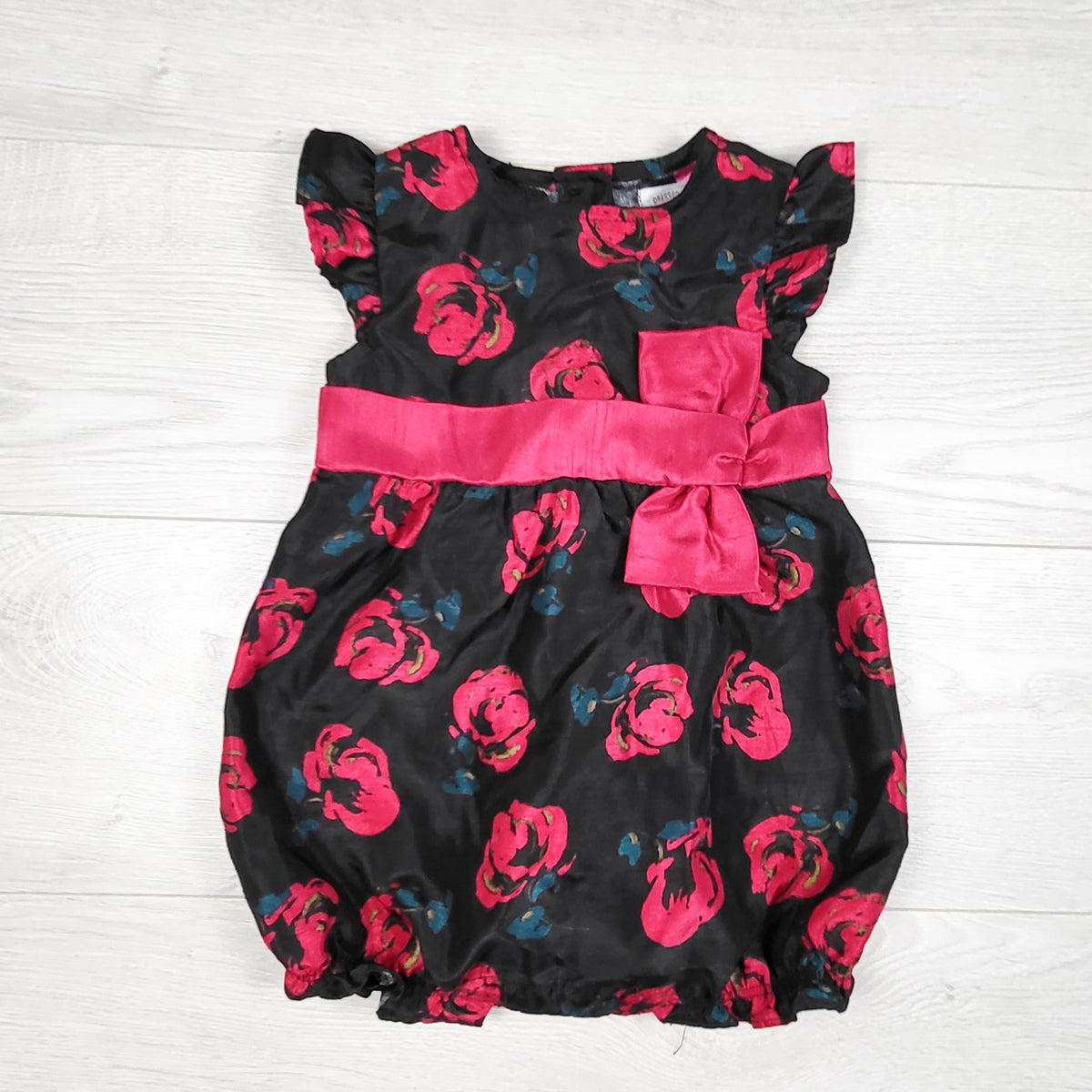 Dressed Up by Gymboree black and pink floral print bubble romper. Size 18-24 months
